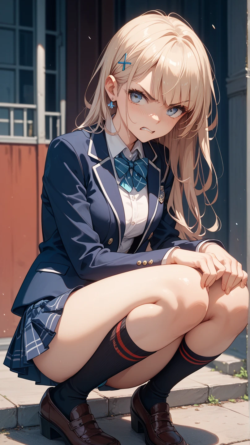 ((Perfect Anatomy:1.2,Realistic:1.3,Raw photo:1.3,masterpiece、highest quality、Ultra - High resolution、High resolution、Extremely detailed CG、8k)),Cowboy Shot. 1 female,alone,18-year-old、high school girl,beautiful girl,Japanese,((Beautiful and exquisite face and eyes:1.2,Big beautiful eyes:1.3,)),Blonde,Long Hair,(Center parted hair:1.4,amount),Small Head:1.3,(Provocative smile),slender,((Dark brown skin:1.4)),(Oily skin,Glowing Skin,Shiny skin,(school uniform、Dark blue blazer jacket、Checkered pleated mini skirt,White loose socks,Black Loafers),(Show your audience white panties),((Sit with your right knee upright)). The background is a dirty back alley、At night、Tokyo.
