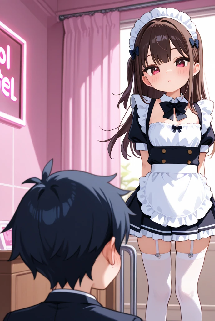 Young girl with black hair, long twintail, twintail hairstyle, (blue eyes), ((small bushy eyebrows)), ( she pulling down her underwear), wearing ta dress, loli, in the mall, flirty smile , suddenly having sex in public, ((doggy style sex)), ((public sex in a restaurant)) naked ass in the male crotch, ), perfect anatomy,young boy fucking her