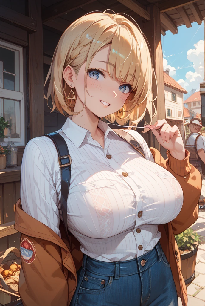 highest quality, High resolution,4K,8K, and 18, 1 girl, android 18, alone, blonde, blue eyes, short and thin hair, 耳Nipple Ring, gem, denim dress, open your vest, black pantyhose, black shirt, denim skirt, striped long sleeve, blue skirt,big cleavage, cowboy lens, street,(((((spread your legs: 1.8)),(((erect nipples: 1.4)),(((camel toe: 1.4)),(((pussy juice: 1.4)),,
