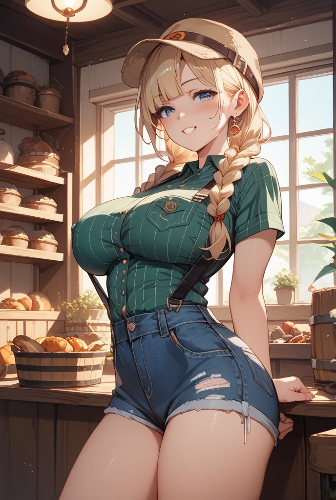 (masterpiece, best quality, highres, detailed, realistic:1.2), american woman, (ager, young), detailed face, beautiful face, (gigantic breasts:1.9), (bursting breasts), (pleased expression:1.3), thin, slender, dungarees, barrister blonde braided hair, confident, open smile, customers staring, coffee shop, green baseball cap