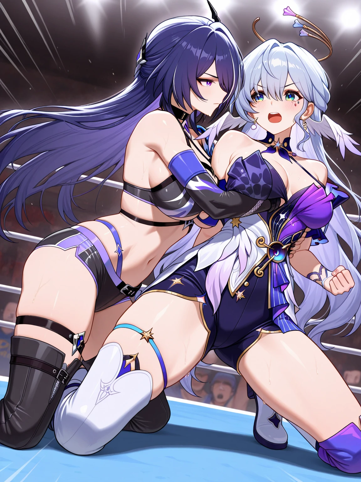 ((masterpiece)),((best quality)),(ultra-detailed),(an extremely delicate and beautiful),detailed backgroud, ((((1woman,tall stature)))and(((1muscular boy,tall stature)))),((((hetero)))),(height difference),(((wrestling ring))), (1woman),((((silver wolf/(Honkai:star rail/)))),(curvy:1.4),(huge breasts), pale skin,shiny skin, long hair,ponytail ,drill hair,hair between eyes, eyewear on head, navel, midriff,((She wears jacket, black jacket, sunglasses, gloves, black gloves, fingerless gloves, shorts,black shorts, shirt, white shirt, choker, crop top, fur trim)),(rolling eyes:1.4),(ahegao),(trembling),clothing aside, (((standing on one leg))),(((leg up))), leg,pussy, vaginal, sex,motion lines, clothed,(cum in pussy:1.4),cum on clothes,cum on breasts,cum in mouth,cum on hair,(excessive cum:1.4), ((((1muscular boy)))),large penis,dark-skinned muscular boy,interracial,