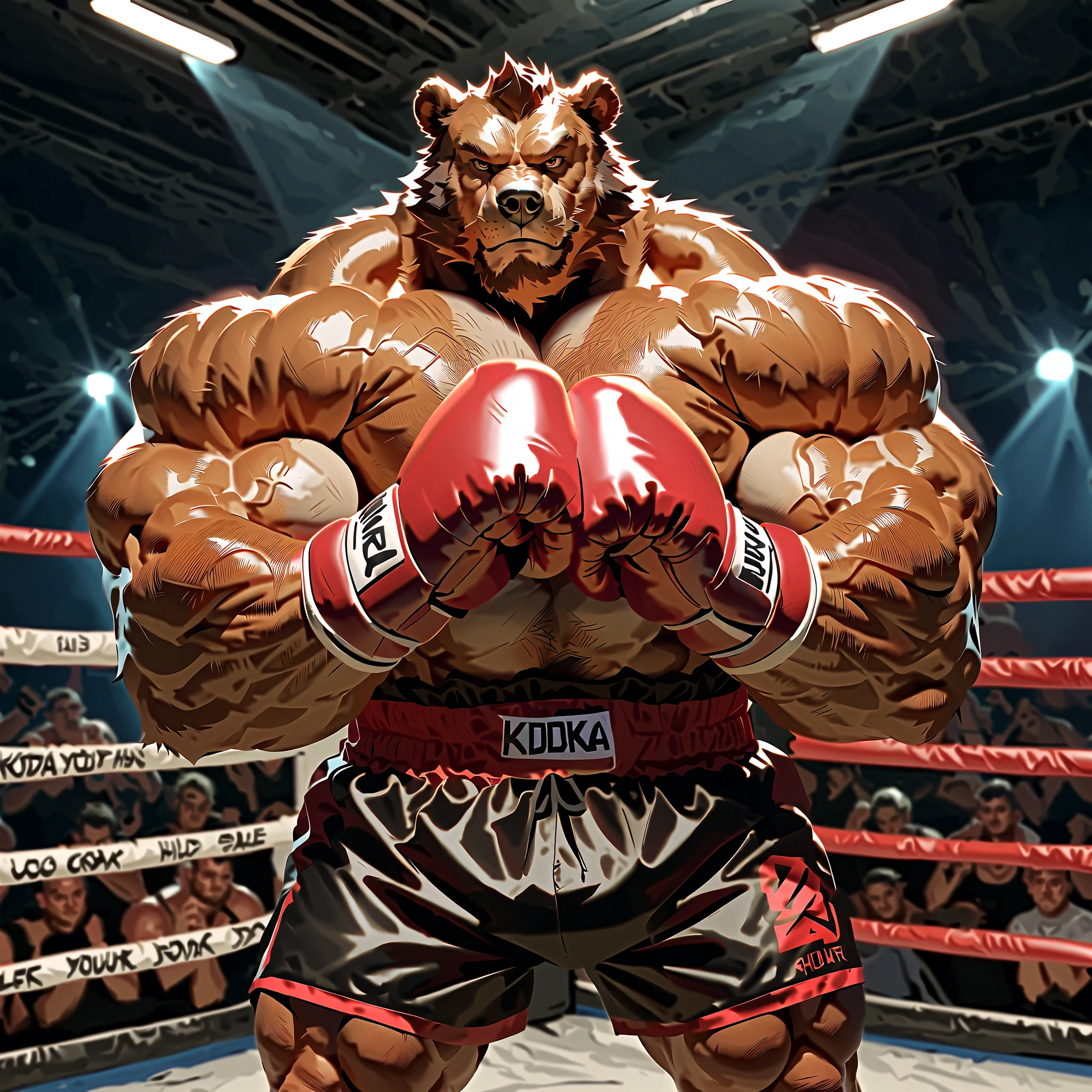 Solo, 1boy, Muscular Old, grunts, focus, look at viewer, wide shoulder, pectoral, thick arms, huge pectoral, wide pectoral, added eyes, height: 220cm (7’8), weight: 270kg (440lbs), a Kodiak brown bear in a black boxing shorts with red waistband, wearing an red boxing gloves, red boxing boots, he flexes in the ring, realistic, 8k, masterpiece