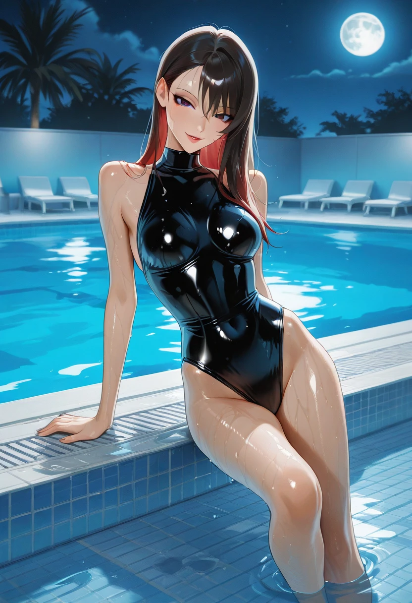 black_hair,long_hair,lipstick,jewelry,fingernails,red_nails,Bangs,Forehead,1 girl solo,(((huge breasts))), saggy breasts,green hair,long hair,hairclip,blue eyes,
one-piece bule swimsuit,old school bule swimsuit,school swimsuit,wet,barefoot,cameltoe.
smile,standing,upper body,front view,squatting, spread legs, knees away,
blush,
sunlight, cloudy sky, sun, school pool,outdoor,),