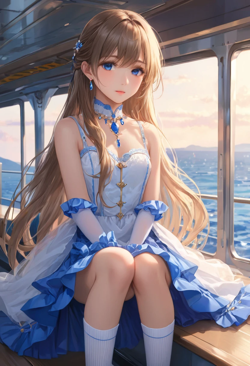 (masterpiece, Highest quality:1.2), one person's, alone,Bony body、5 years old、ferry, ((Long Hair)), ferryBase, ((Knee socks)), Exposing shoulders, ((jewelry)), ((No sleeve)), White Dress, Blue Skirt, ((gloves)), Up to the thighs,