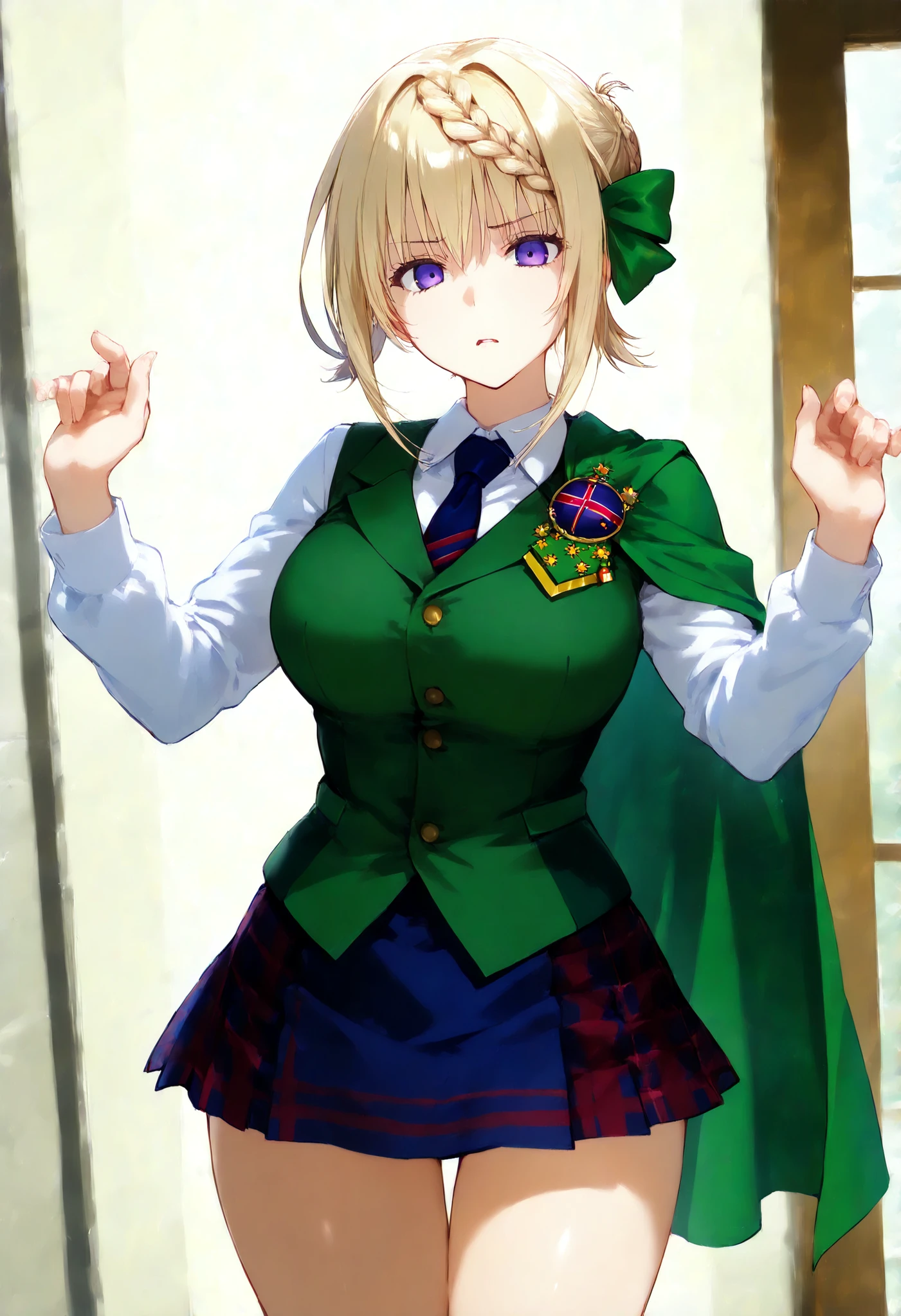 score_9, score_8_up, score_7_up, source_anime, masterpiece, absurd, perfect face, alone かわいい expression, perfect face, , 1 girl on break day, alone, , , bright eyes, Cleft lip, , .Perth KC,short hair, uniform, hair bow, white shirts, braid, Short sleeve, pleated skirt,hair bun, blue skirt, plaid skirt, blue tie, badge , green vest, braided bun, braided bangs, green thigh high, Green Cape,