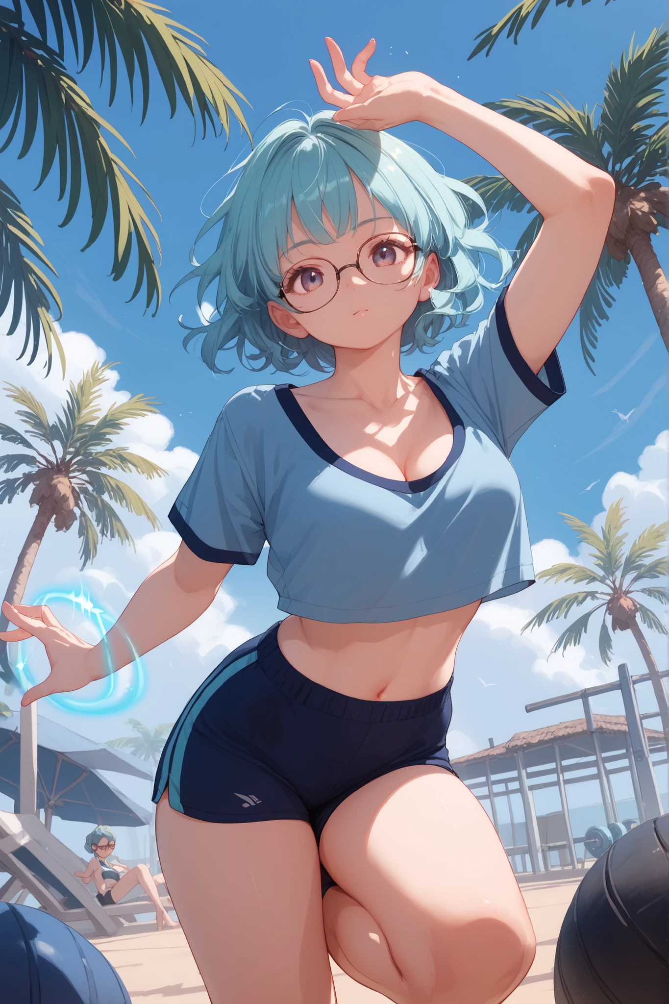 (Glasses Girl),pose showing palm,Hands glow,aura,dark blue gym clothes,medium chest,cleavage