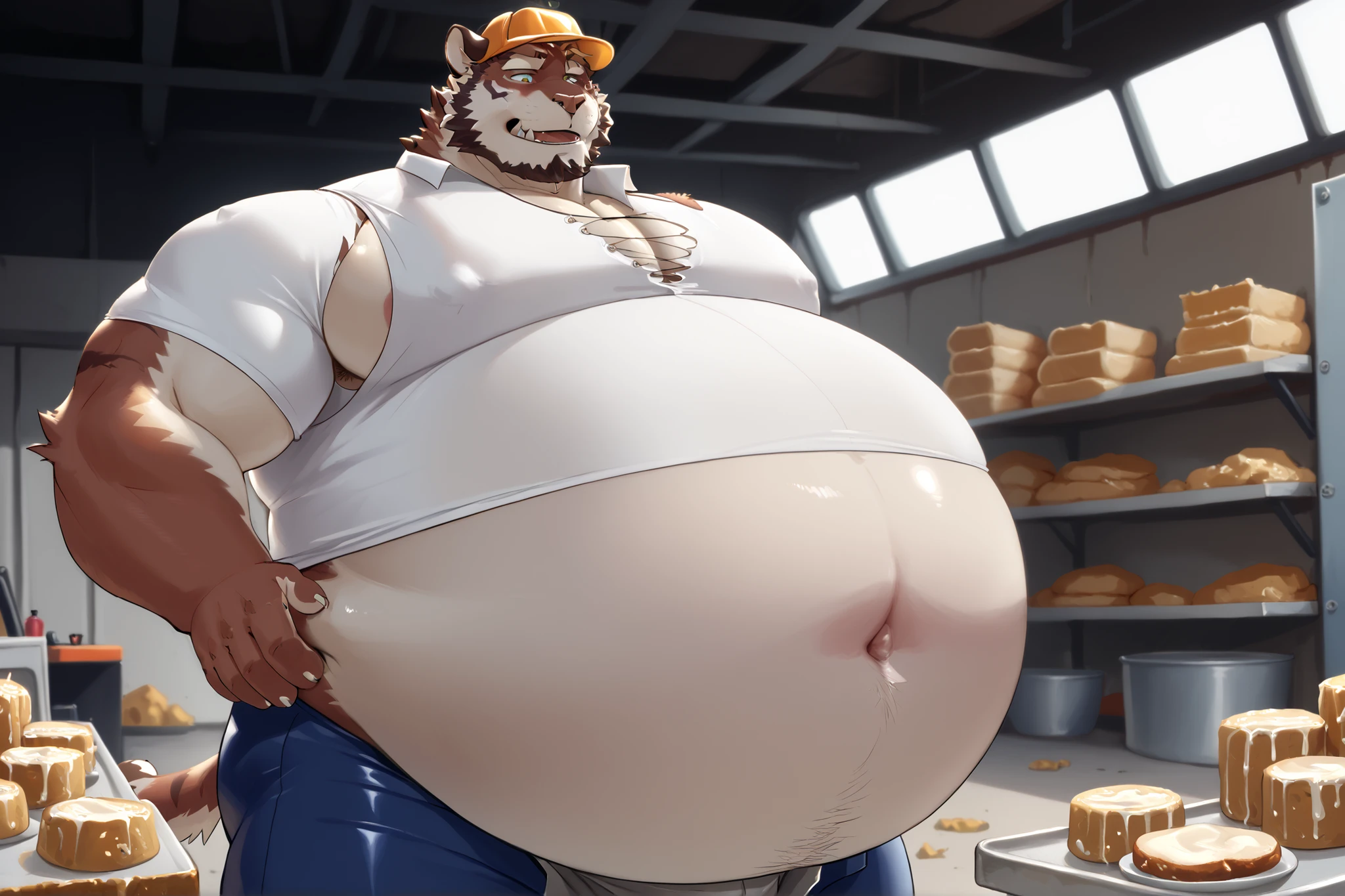 Nsfw,, furry male tiger, male, brown fur color, beard, inflating, hyper belly,belly bloat, bulge,, close up, frontview, , bigger belly, ((fatter belly)), ((aroused)), ((tight vest)), ((cleavage)), ((starting at iv)), ((many empty plates around him)), ((tight button shirt)), ((more empty plates)), ((hyper belly)), fattest gut on earth, belly inflation, ((construction worker)), white jacket, black shirt, (very huge pectoral)