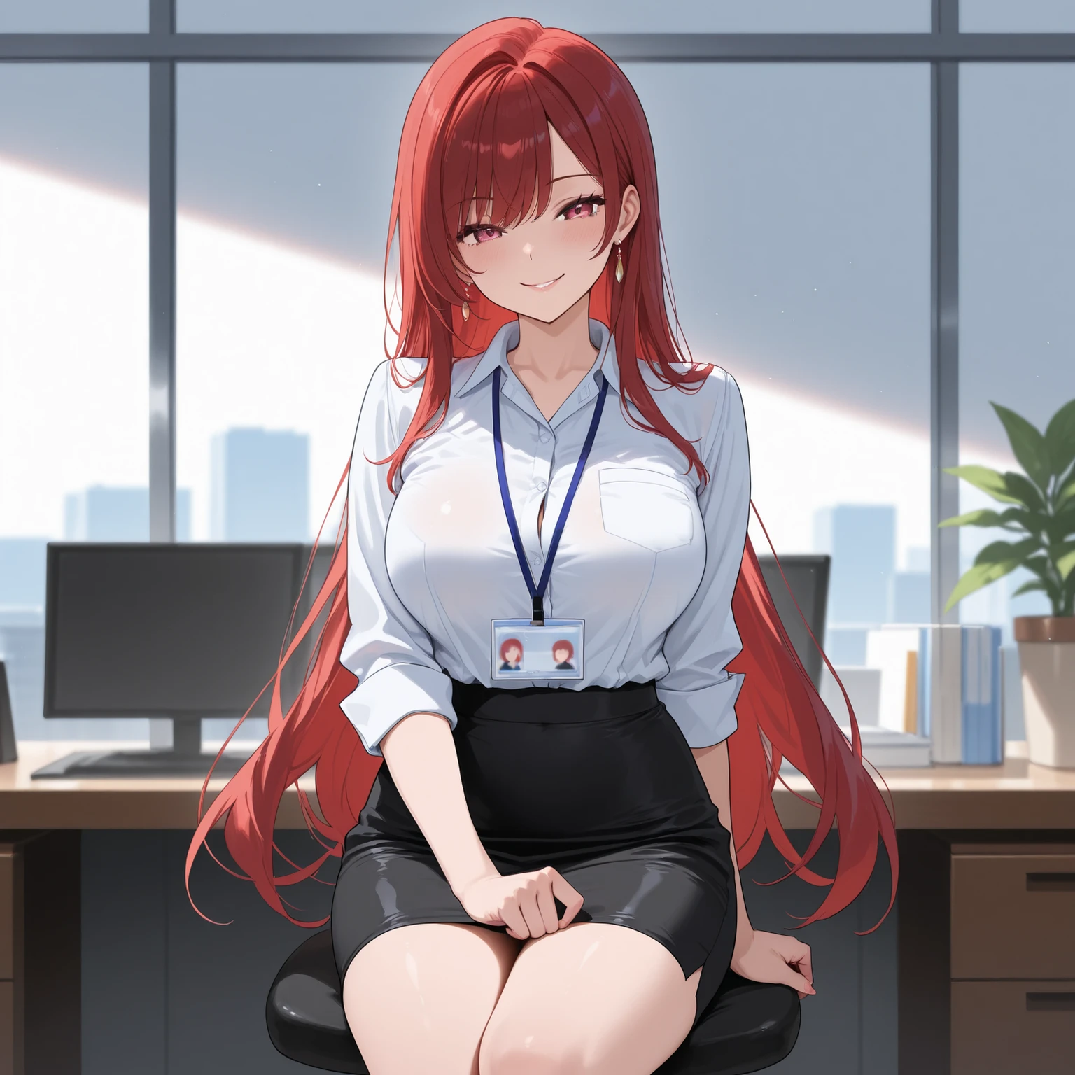 1girll， 独奏， （（white  shirt））， black thighhigns， nedium breasts，， 校服， office backdrop， a black skirt， （（pleatedskirt））， office room， hair between eye，big cleavage breasts， long whitr hair， looking at viewert， red hair， red short nails， Golden eyes， 独奏， upper legs， upper legs， long whitr hair， （（tmasterpiece））， Sat down， a chair， Study desk， Computer on the desk， name badge， ID cards， inside in room， ssmile， （（Be red in the face））， is shy， a sexy pose，