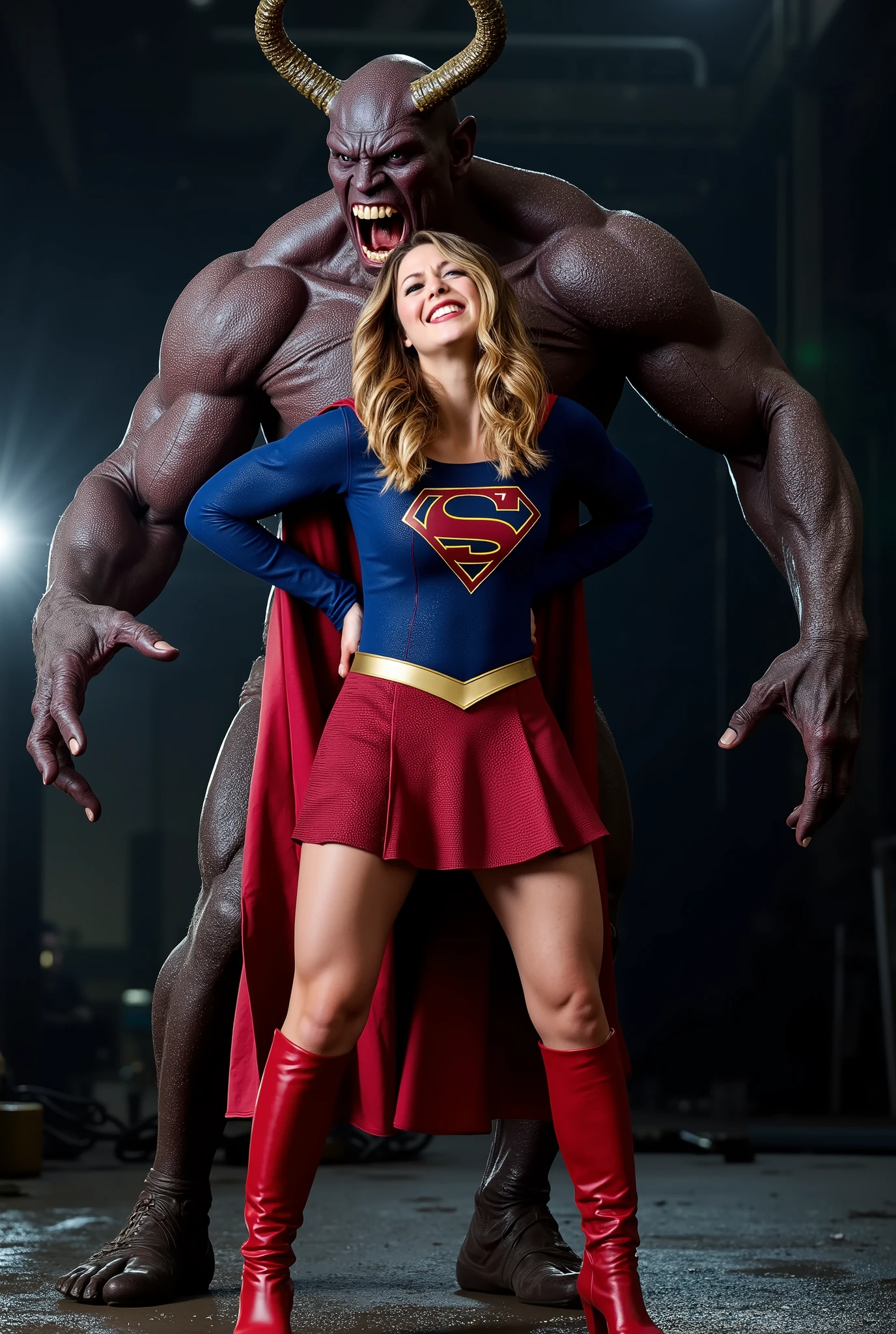 Melissa Benoist as Supergirl, she is screaming in pain, arms behind her back, try to resist, wearing a Supergirl costume, blue shirt and very short skirt, red high boots, she is harassed from behind by a huge body devil, A fierce devil is holding her arms tightly from behind, he bite her neck, whole body from head to feet are visible, in the factory, night time, bright spot lighting,