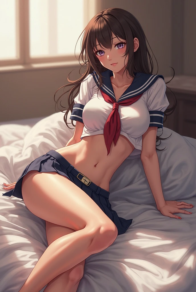 (1 woman), (Micro thong), (((under boob))), ((Crop Top shirt)), ((spread legs, one knee up)), (Sailor school uniform only for the upper body), (white short shirt), summer clothes, ((Red Ribbon Tie)), (((sheer white long thigh-high socks))), (((long gloves))), masterpiece, Best Quality, High quality, High Definition, Finely detailed, Detailed texture, realistic representation of face, Realistic, Colorful, Ray tracing, (((lighting forward))), ahegao, smile, (glowing eyes), (Detailed beautiful delicate face, Detailed beautiful eyes, A perfectly proportioned face, High detailed skin, best ratio four finger and one thumb, (((Glowing white shiny skin))), (oiled skin), (large breasts), ((Smooth texture, Realistic texture, Photorealistic)), ((Green eyes)), (((brunette hair))), (Beautiful face, Cute face, Detailed face), on a bed