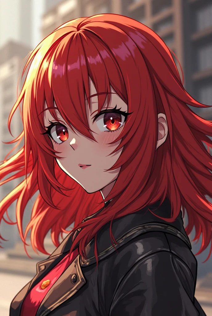chain leash
collar
viewer holding leash,RED HAIR,RED EYES