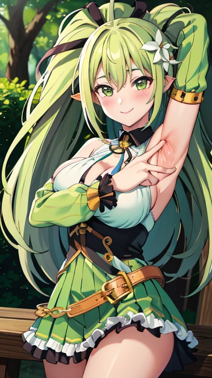 (MASTERPIECE), (Best Quality), (Ultra Detail), Official Art, One Girl, Lori with Pale Golden Hair, Petite Little Girl, Loli, Green and Gold and Silver See-Through Dress, Sleeveless, Off Shoulder, Small, Small Breasts, Cleavage, Underboob, Thigh Focus, Navel Out, Card Illustration, Deep Forest