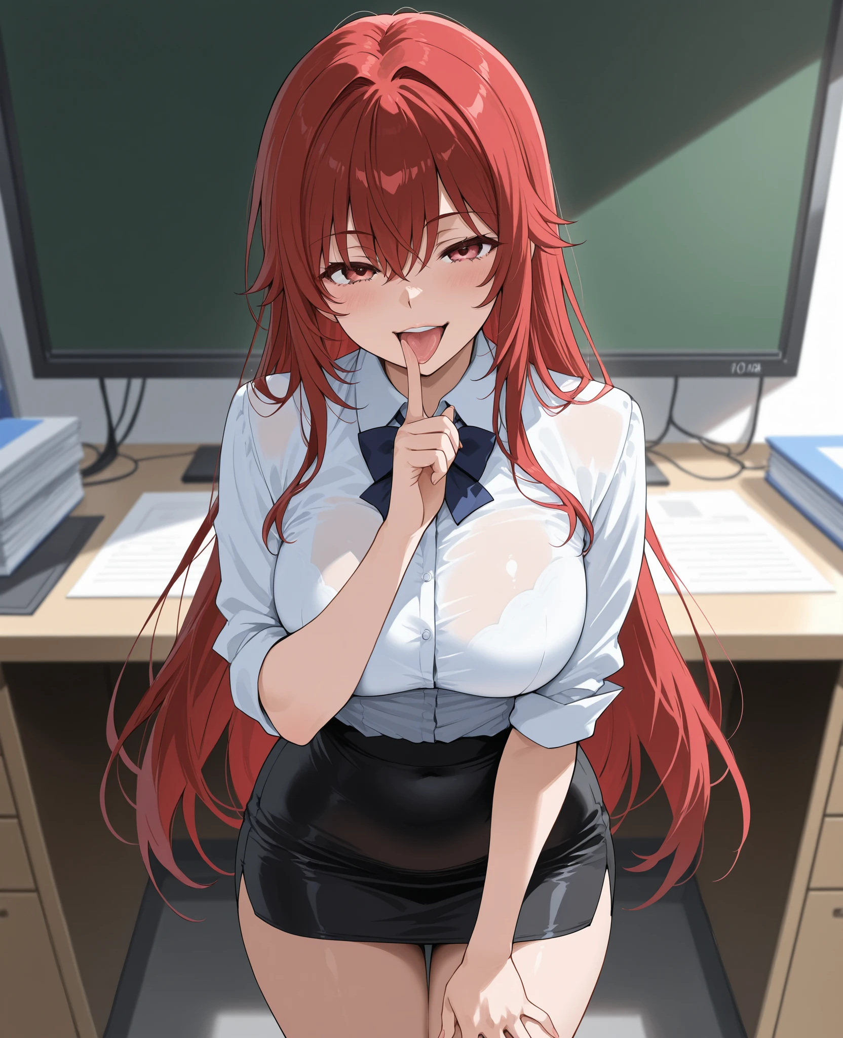 pov(from above),((High Resolutions)), (Masterpiece), high quality, Best quality, gorgeous, perfect lighting, Detailed face, Ultra cute face, Cute, Cowboy shot, Itsuki Nakano,((1girl) ), ((only)), medium fluffy hair, red hair, hair ornament, star decoration, blue eyes, (blush), embarrassed, seductive, nervous, modern office, sitting in front of viewer, sitting at desk, legs crossed, large breasts, medium waist, (wide hips), thick thighs, glasses on face, formal white shirt, long sleeve shirt, cleavage, black pants, tight pants, looking at viewer, cute pose, arms behind the back , Standing,
