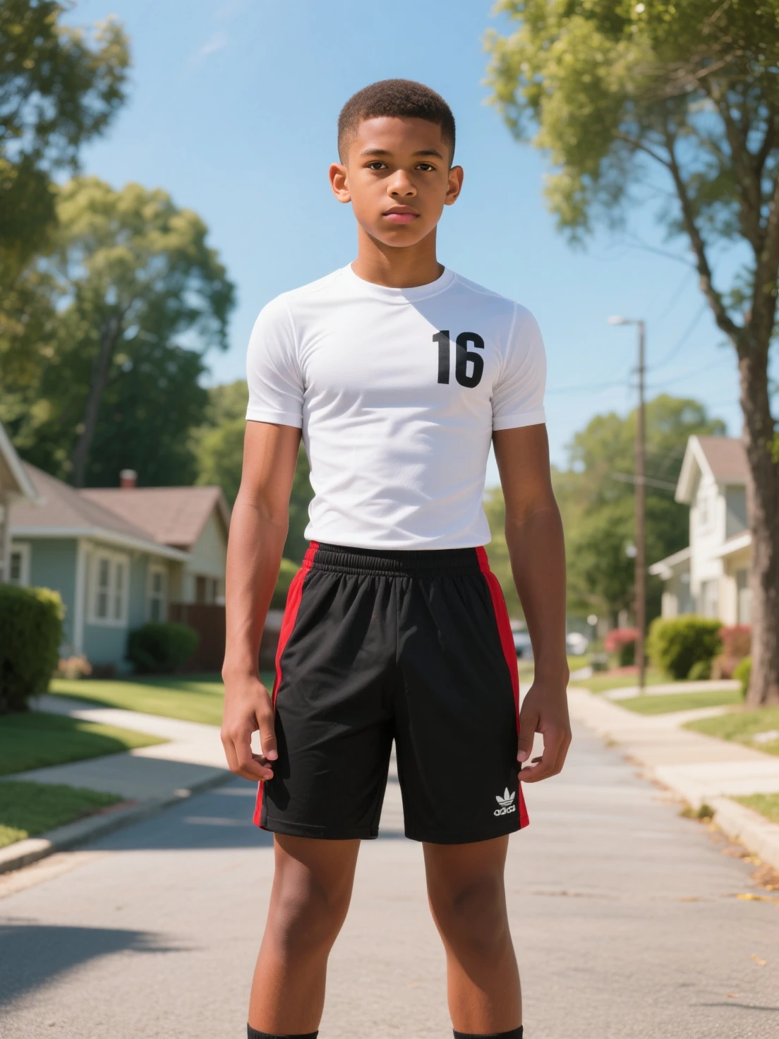 A tanned 12-year-old Japanese boy posing for a full-body photoshoot in shorts during summer vacation