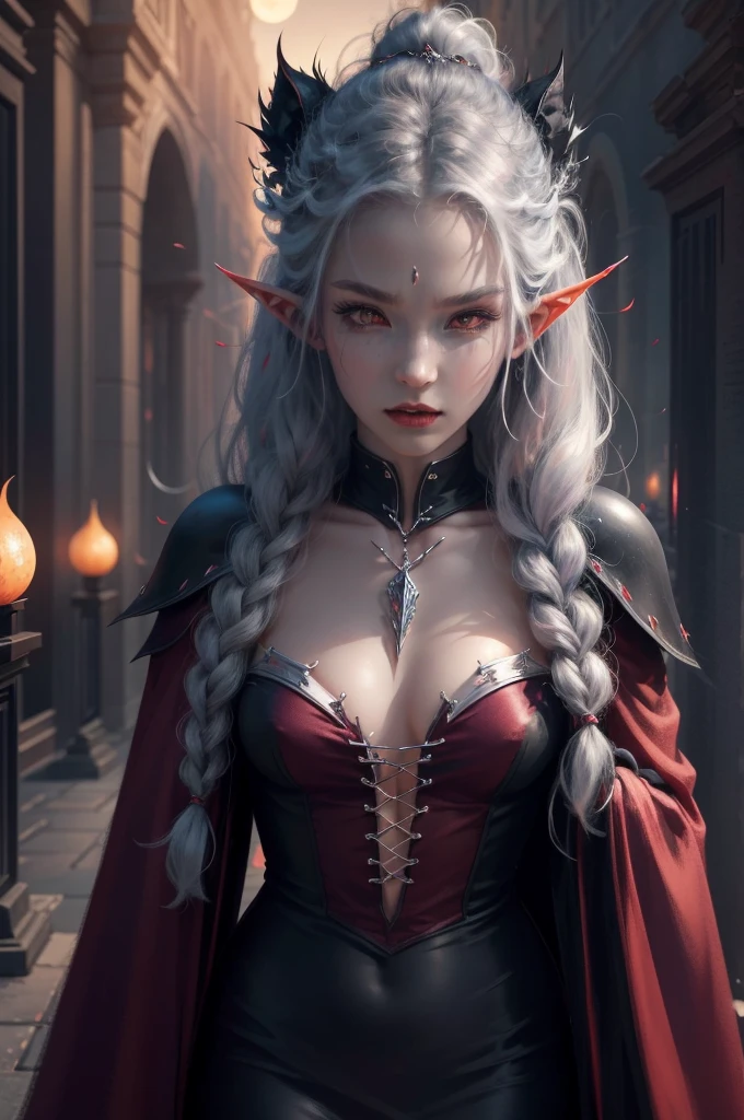 1girl, beautiful shenightborne, dark elf, drow, pale skin, dark purple skin, tattoo, facepaint, long white hair, jewels, earrings, piercing, red dress, forest, tree, night, dark atmosphere, athletic, volumetric lighting, best quality, masterpiece, realistic,