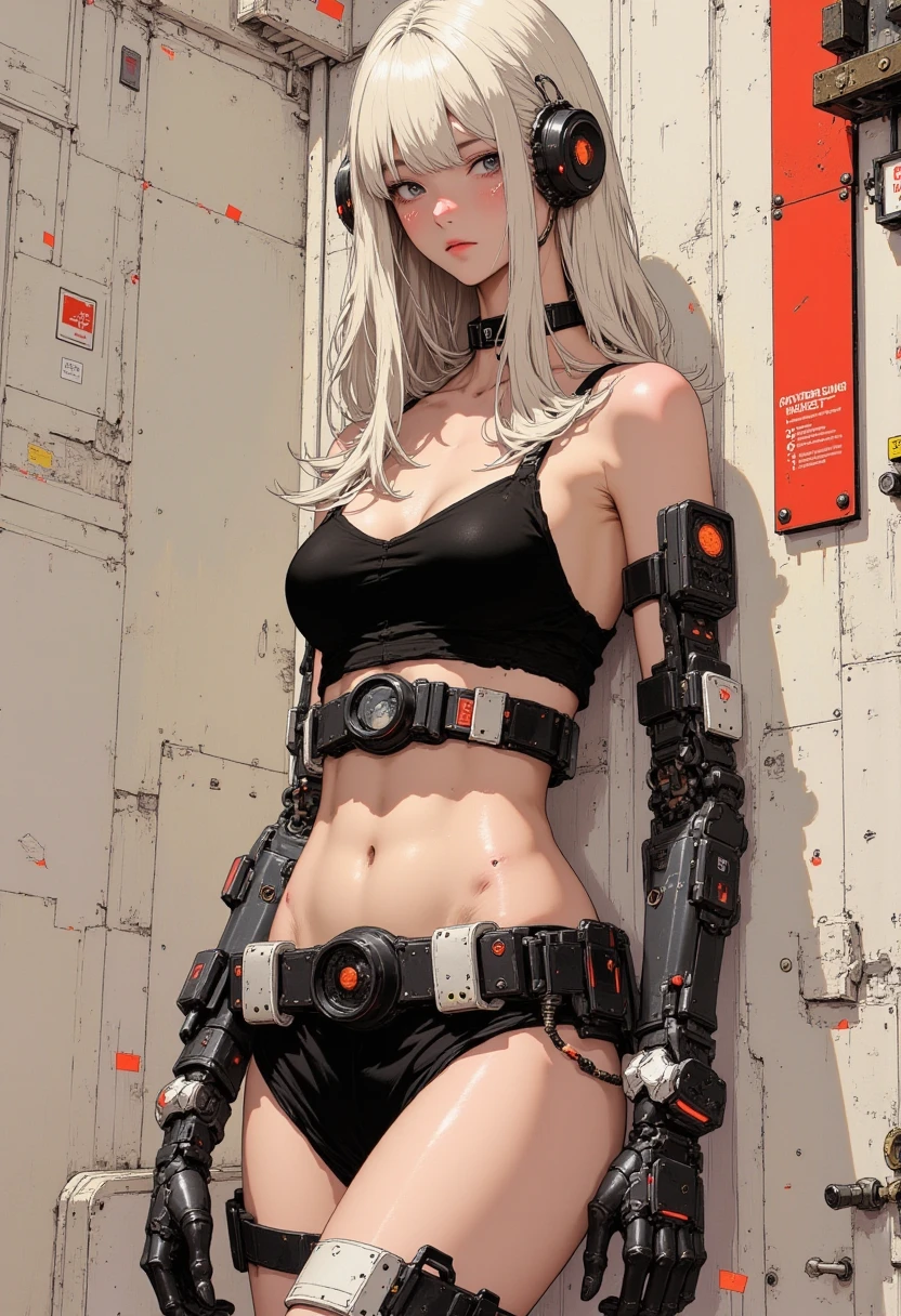 (flat color),(colorful),(masterpiece:1.2), best quality, masterpiece, looking at viewer, white background,
1girl, white hair, slightly curly hair, expressionless, ponytail, side braid,
mecha bodysuit, mecha museum, mechanical parts,robot joints, headgear, earphone, cyberpunk, neon_trim, glowing neon lights, blue, purple,
open jacket,black sheer pantyhose, visible through (sheer crop top), shirt,
garter,necktie, navel, gloves,Hand katana,
techwear jacket, with buckle and tape, black gloves, tactical vest,cyberhelmet,cyborg,(helmet)