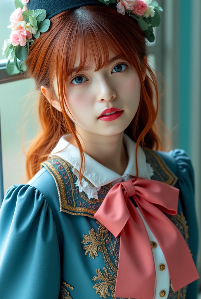 (best quality,4k,8k,highres,masterpiece:1.2),ultra-detailed,(realistic,photorealistic,photo-realistic:1.37), ((classroom, school girl, she wears long dress and beret, shy, braided red hair, pale skin)), ((slim body, very large bust size for her young age))
