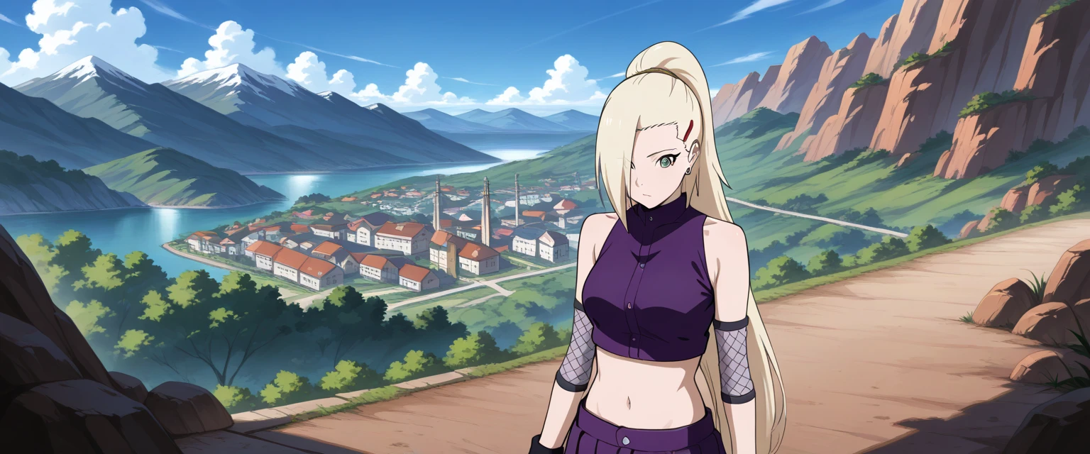 amazing quality,very aesthetic,absurdres,better quality,newer,masterpiece background,resolution 4k, absurdres, highres,
 a girl, Yamanaka Ino, fondo simple, upper body, location,  navel,