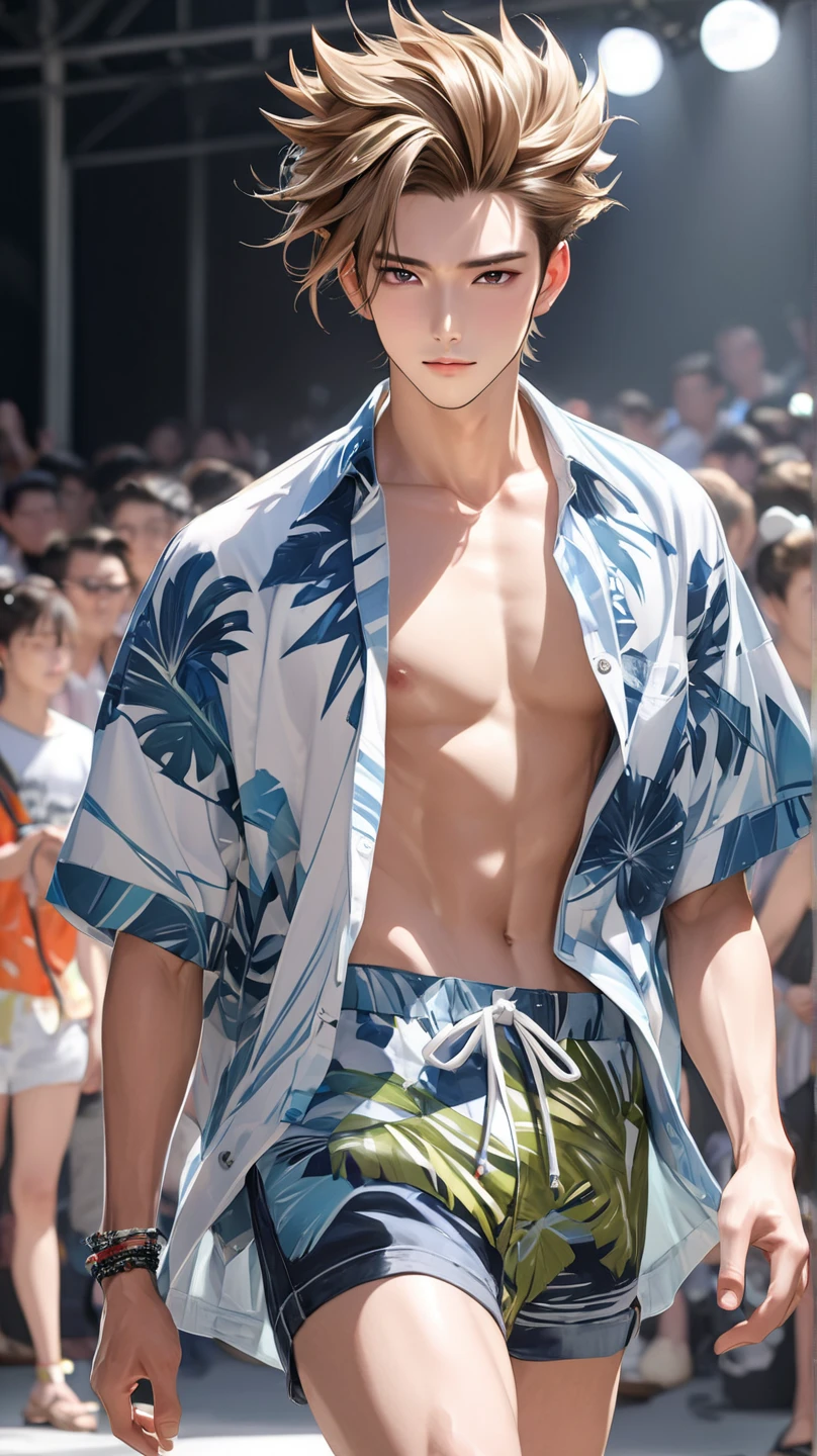 (Photottristic: 1.2, Top Quality, 8k, Sensual: 1.3, Wet: 1.3), (Man, Solo, Hands on Chest, Dynamic Angle), 20-year-old blonde Ukrainian bodybuilder, (sweat: 1.2, wet: 1.2), fine skin, (film lighting), cherry blossom print kimono, boxer shorts, soft light,