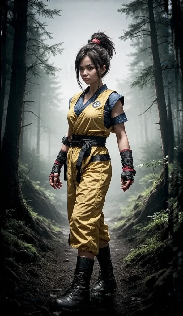 (masterpiece:1.1, Best Quality:1.1), (hold fists, action pose,:1.1), (Maam, Dragon quest:1.5), 1girl in, Solo, (ultra gigantic tits:1.5), Looking at Viewer, Short hair, Pink hair, parted bang, (Bun cover,:1.1) Yellow eyes, (((Fingerless gloves, Pink gloves))), (torn Chinese clothes:1.4, Torn pink dress:1.4), ((bow ribbon, long boots)), (spooky dark forest:1.3),