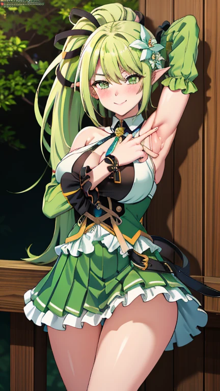 (MASTERPIECE), (Best Quality), (Ultra Detail), Official Art, One Girl, Lori with Pale Golden Hair, Petite Little Girl, Loli, Green and Gold and Silver See-Through Dress, Sleeveless, Off Shoulder, Small, Small Breasts, Cleavage, Underboob, Thigh Focus, Navel Out, Card Illustration, Deep Forest