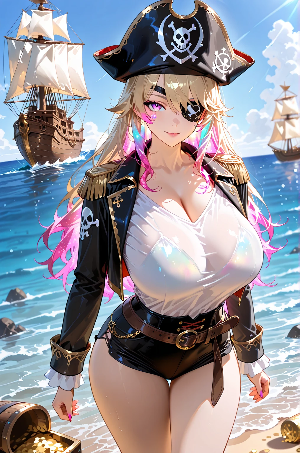 best quality,4k,8k, highres, masterpiece:1.2), ultra-detailed, extremely detailed eyes, extremely detailed body, (large masterpiece digital art), (detailed manga illustration), (detailed line art), ((perfect anatomy)), (intricate details:1.3), (ultra-detailed:1.3), (illustration:1.3), (sharp focus:1.3), (natural lighting:1.05), (vivid colors:1.3), (masterpiece), (best quality:1.4), (perfect anatomy:1.4), high quality, expressive eyes, full body, detailed face, beautiful face, perfect face, 1 girl, breast, large breast, cleavage, detailed hair, medium hair, orange hair, hair over one eye, purple eyes, eyepatch, shark girl, pointy ears, pirate, pirate hat, sharp teeth, teeth, cropped jacket, holding weapon, gunblade, gun, midriff, asymmetrical pants, gloves, curvy, yellow shirt, jewelry, Intricate, High Detail, Sharp focus, dramatic, cinematic lighting, dramatic atmosphere, (((coastline background))), soft bokeh of beach,
