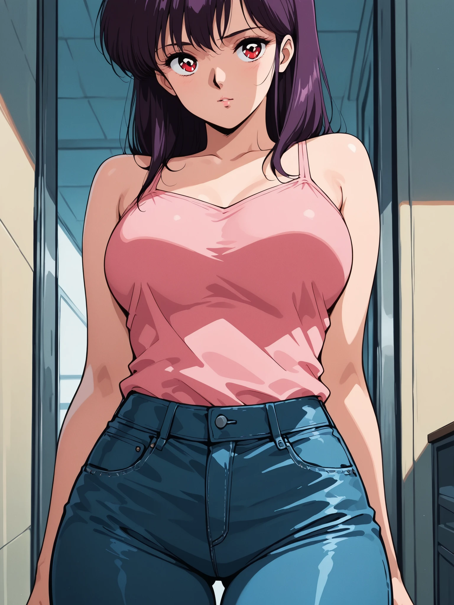 score_9, score_8_up, score_7_up, masterpiece, source_anime,1girl,1980's anime style,curvy hips,jeans
