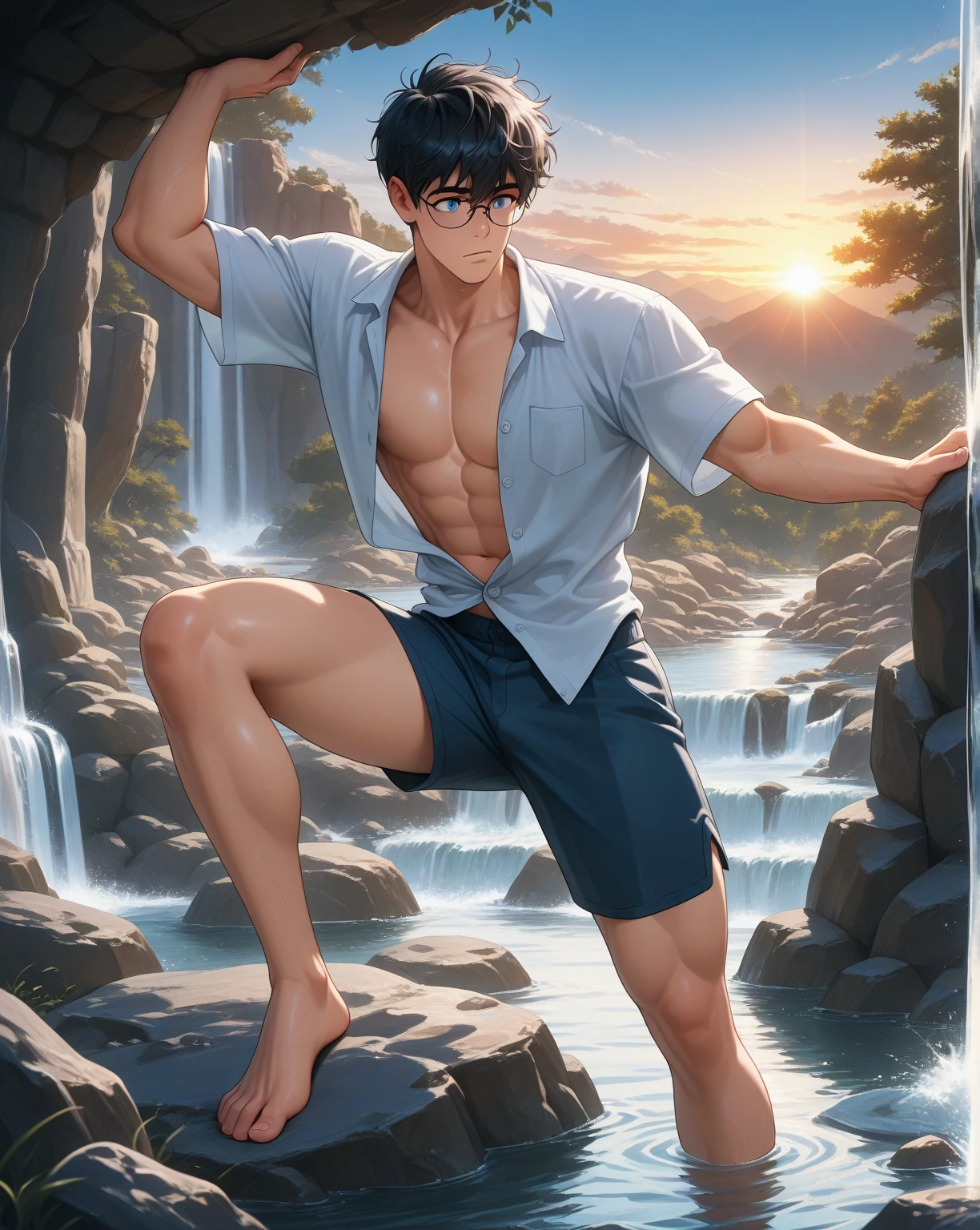 masterpiece,best quality,high quality,(1 male austere handsome solo adult age 30 years old:1.5), purple eyes, cool with suspended eyes, V-shaped eyebrows, body strong and fearless 8.5 head tall, height 185cm,(well-groomed black short hair down to neck:1.4),(bangs in three (parted bangs:1.4), slender nose, facial muscles, throat, (pectoral muscles :1.3), (rectus abdominis), (swim shorts:1.3), (stylish pose), (cool smile:1.3), (background waterfall forest:1.3) , (Milky Way Night Sky:1.3)