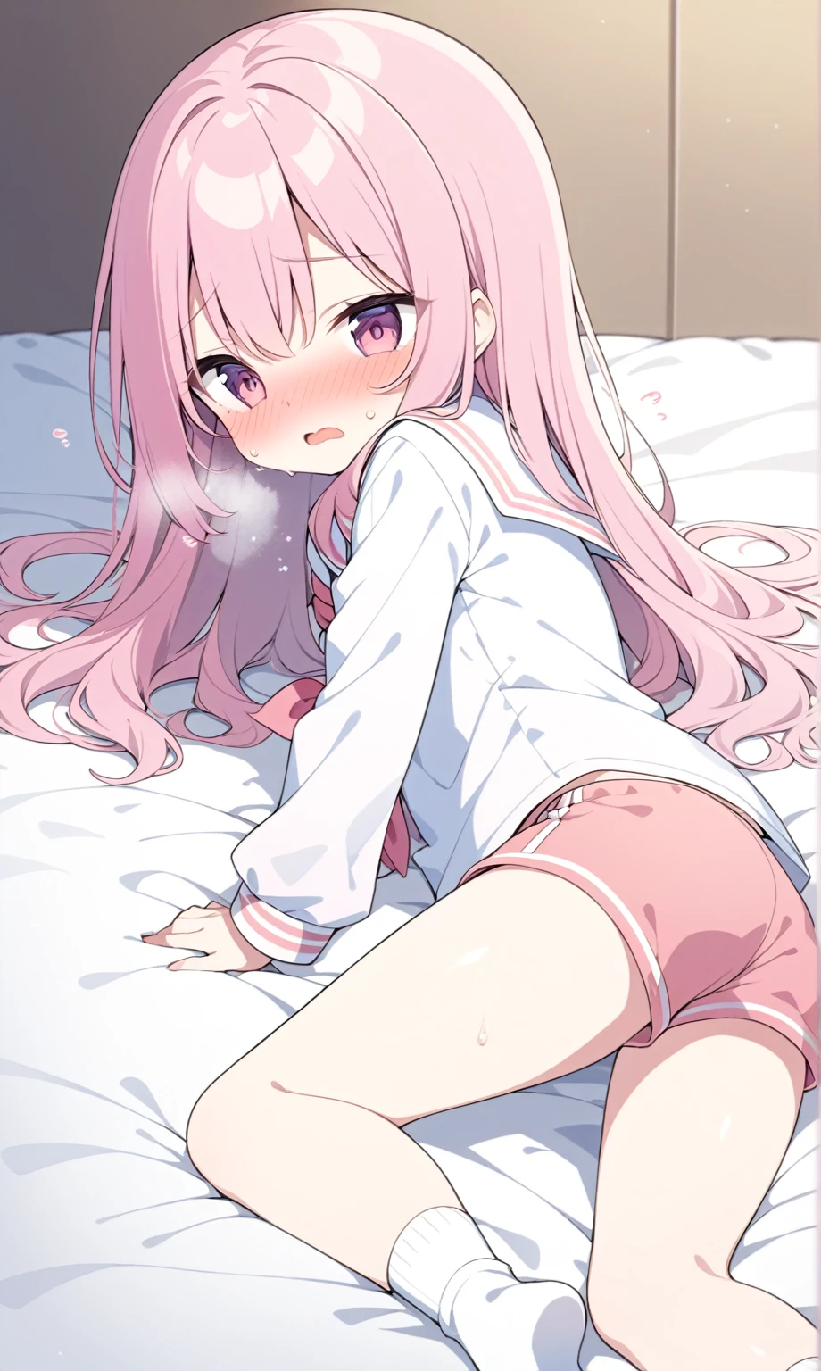 Beautiful illustrations, Highest quality, (:1.4)、(pretty girl:1.5)、 girl、Flat Chest、Sailor collar、(White long tunic:1.4)、Long sleeve sailor suit、Blue-line cuffs、(Pink Chino Shorts:1.7)、(Pink shorts with wide openings:1.6)、Gap between thigh and shorts、Thin thighs、White socks、 Cinema Lighting, (Pink long hair)、Pink Straight Hair、Redness on the cheeks、(Braiding of the back of the head)