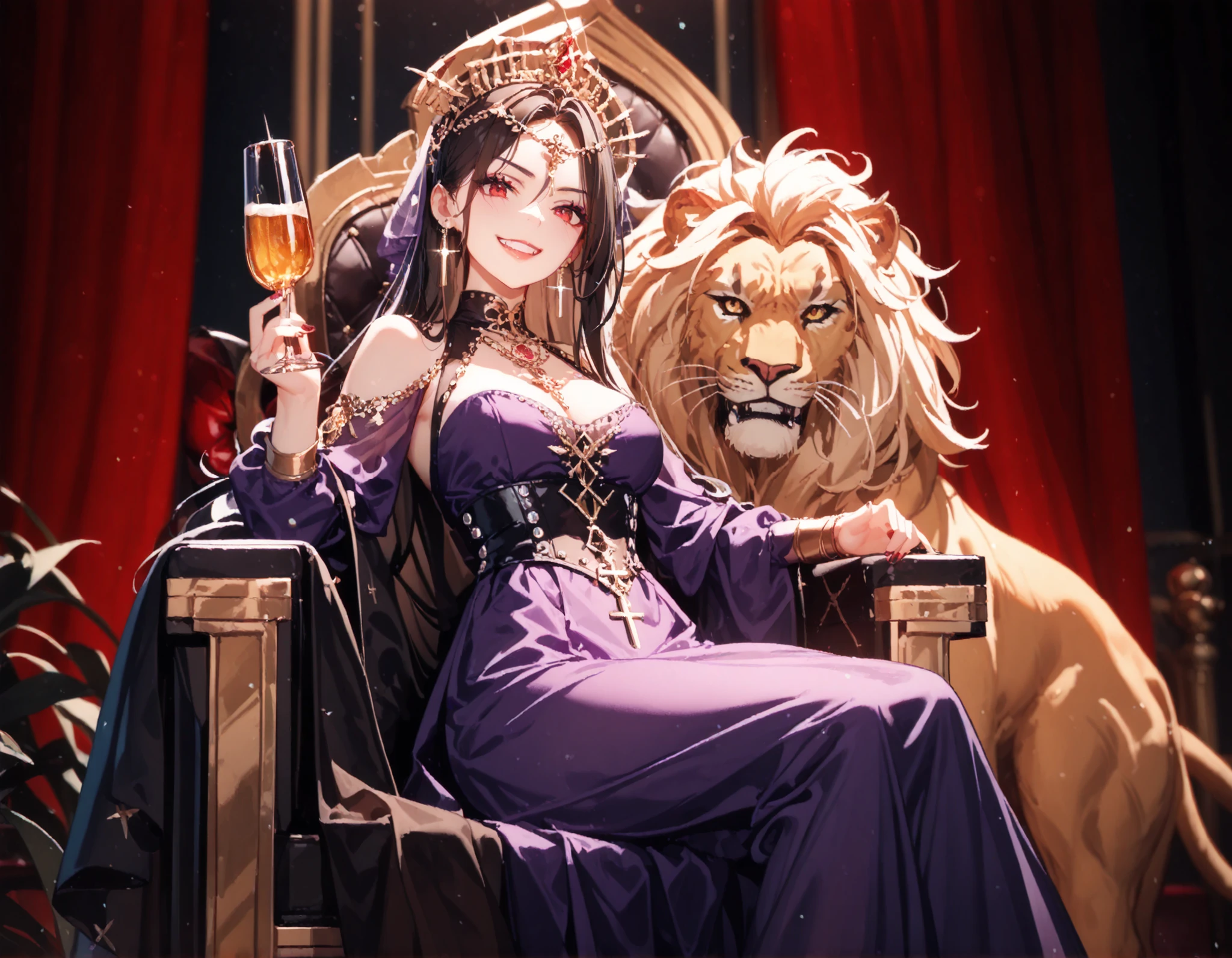 (((Best quality, 8k, Masterpiece: 1.3)), ((best quality)), ((masterpiece)), (detailed), perfect face, Queen, evil smile, Dignity, regal presence, A violet dress, a dress studded with jewels, Golden Chignon, Ruby hair ornament, sitting on a throne, sitting cross-legged, The Queen is resting her chin on her hand, her right arm on the armrest. The Queen holds a glass of brandy in her left hand, A lion is sitting at the queen's feet. This lion is protecting the queen and is threatening us with its fangs.
