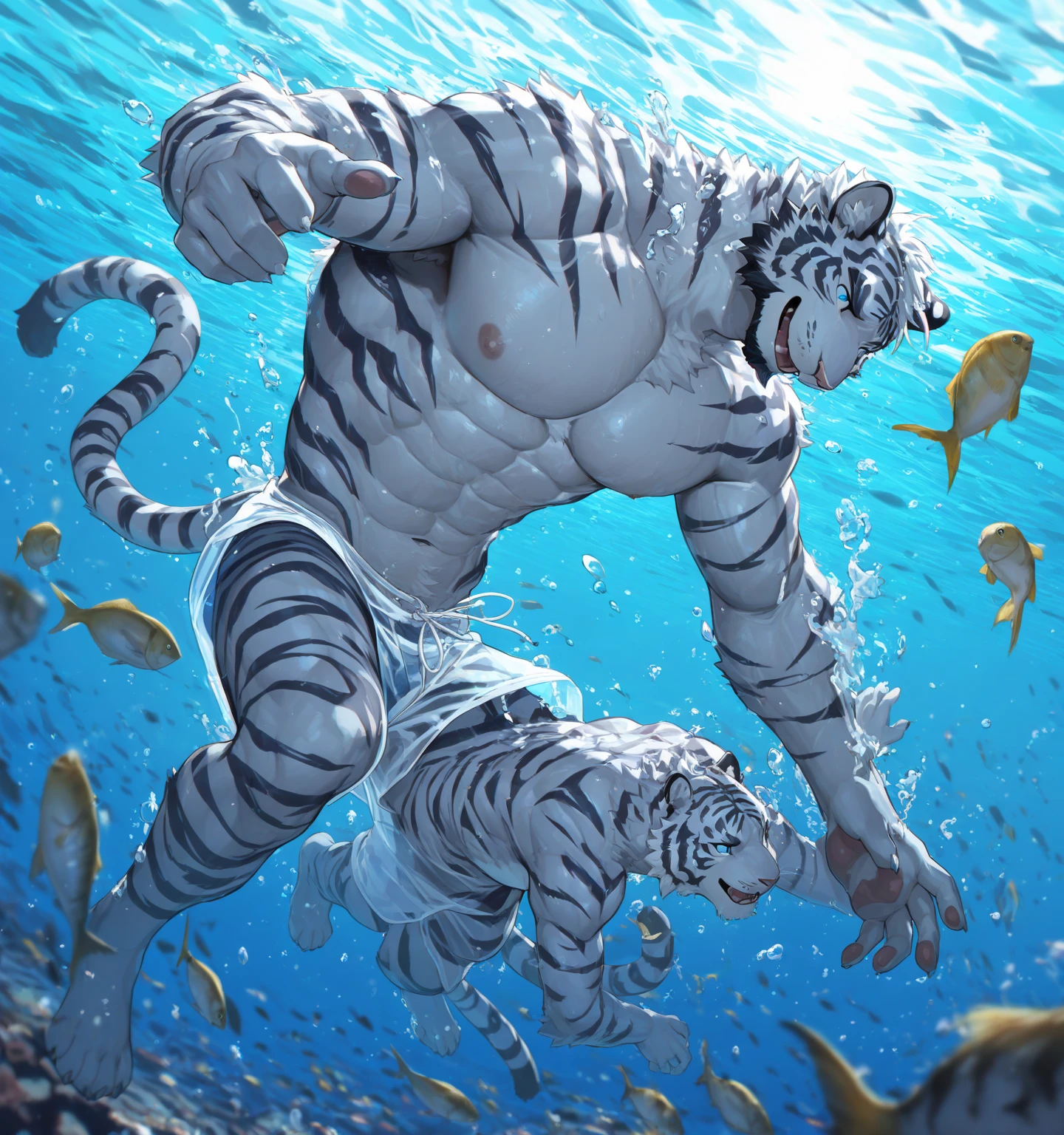 duo: ( blue eyes dragon , dark blue and azure scales and white belly, yellow crest hair , skinny well built , profile, fulfilled face, kemono , high quality , by rossciaco , rear view ) , behind ( polar well built polar bear standing merging skin , rear view) floating