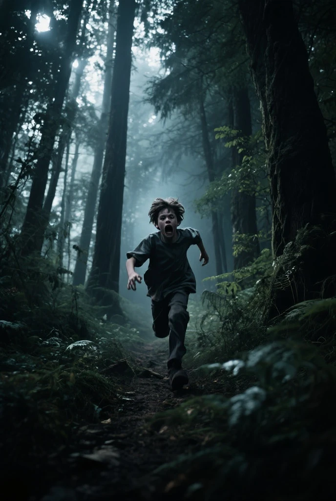 Anime, close-up, a 30yo dg_James boy, running through the woods, terrified, horror, hyperdetailed, old days dress, show full body, at night, face blood 