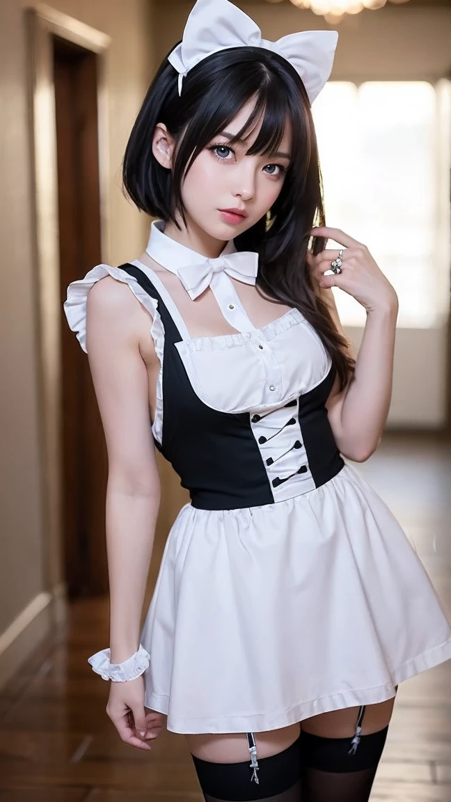 Highest quality, Super detailed, High resolution, 8K images) (reality, Realistic photos:1.37),(Black thighs、Maid's Headdress、Short sleeve、Frills、choker、Maid Apron、Puffy sleeves、Wrist cuff、Grab the skirt、Self Lift:1.3)Highly detailed eyes and face、(Red panties:1.2)(((Show me your asshole 1:3)), ((Stick your butt out)),(Squat with legs apart), Fine and beautiful eyes,Perfect Proportions,(Overflowing big),(A full-body shot from behind), Very beautiful and cute girl,22 years old,(anime),Kamimei, Pitch black background,(Solid black background)
