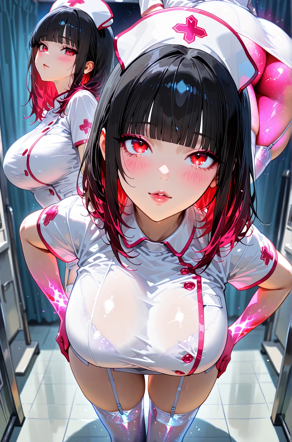 Big Breasts、Sweaty、A teasing smile、shame、nurse、A bob cut with black hair, red inner color, and blunt bangs、Heart Earrings、Hospital bed、Knee socks