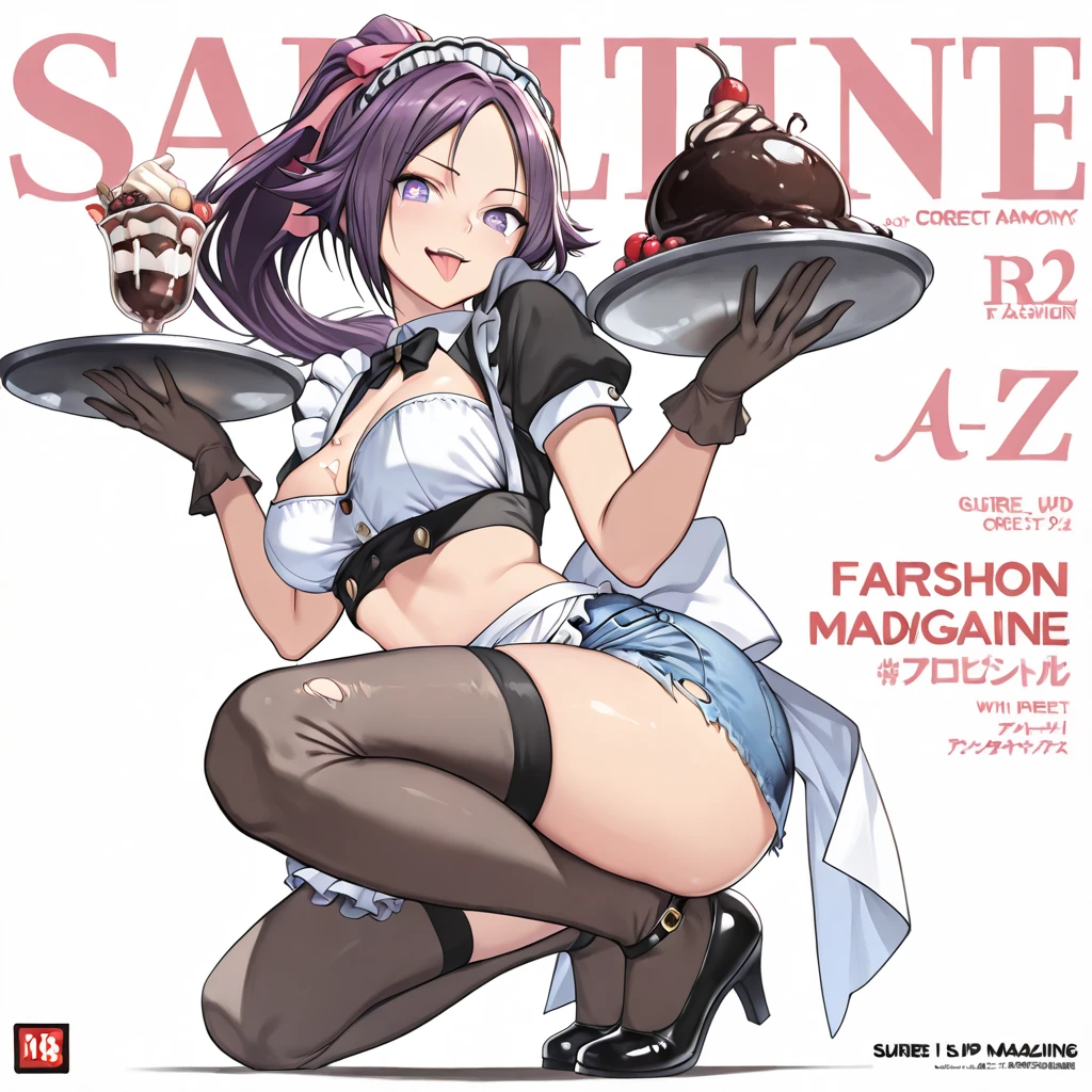 (masuter piece,Best Quality,Ultra-detailed), (A detailed face),Cover of a cooking magazine,1girl in,silber hair,Aimei,age19,cute little,Warm smile,Chef Pizza,Floral apron,foods,Texto,advertisement,magazine title