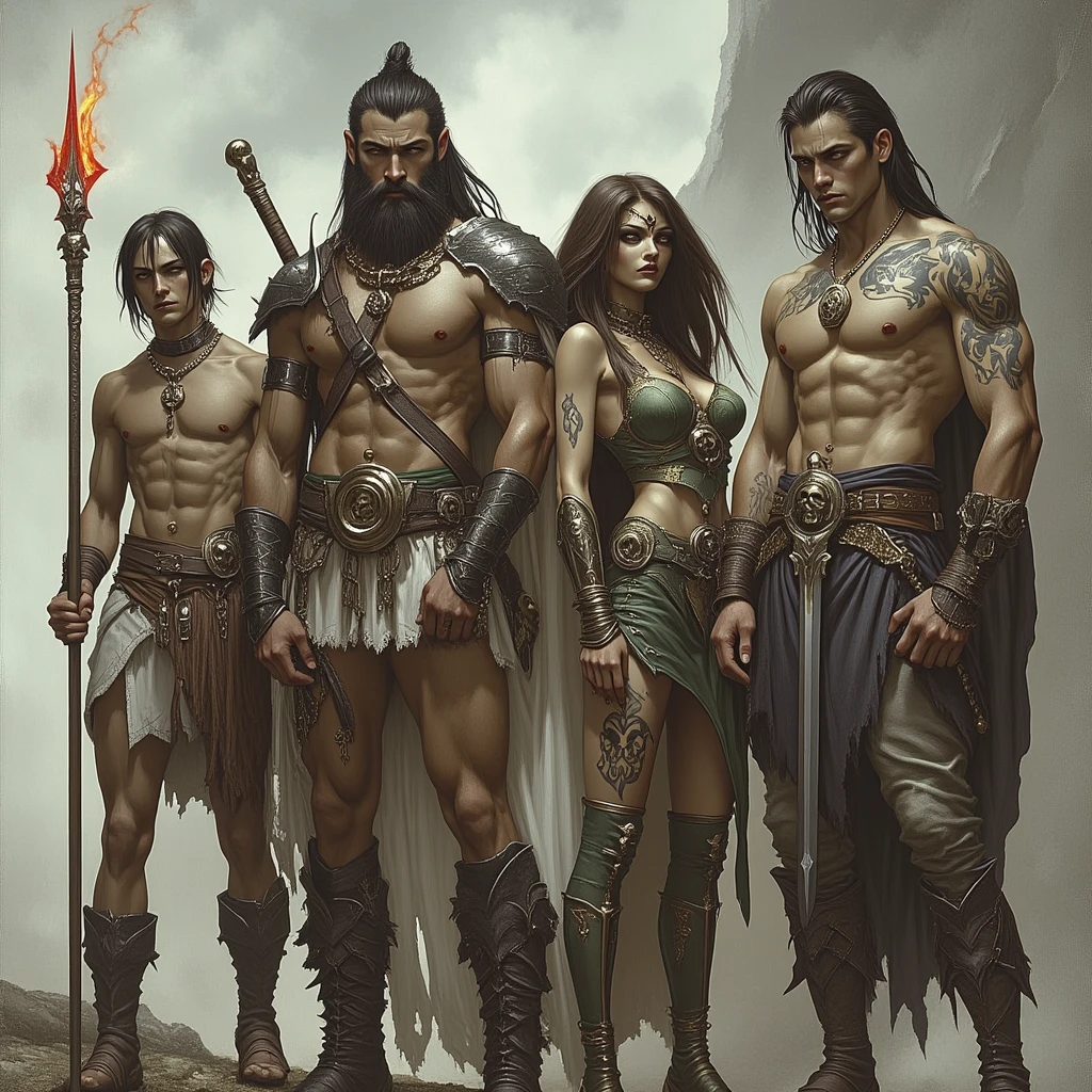 Arte por John Buscema similar. selvagem,homem guerreiro, sem barba,cabelos negros compridos,olhos escuros sombrios,manly,usando armadura masculina celta, wearing sandals,standing with a sharp axe in his left hand ,Standing in front of a group of warrior Amazons(apenas mulheres)o cercando