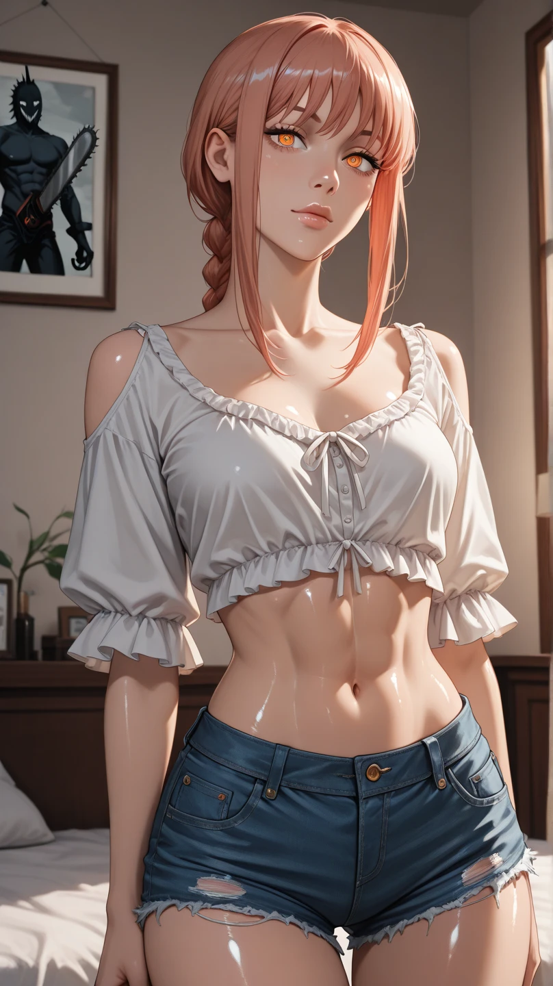 score_9,score_8_up,score_7_up, big breasts, beautiful Woman, ((redhead, sad smile)), (((fur_shoulderless_croptop))), (((lace_skirt))), fullbody shot, (((after_shower, wet_hair)))
