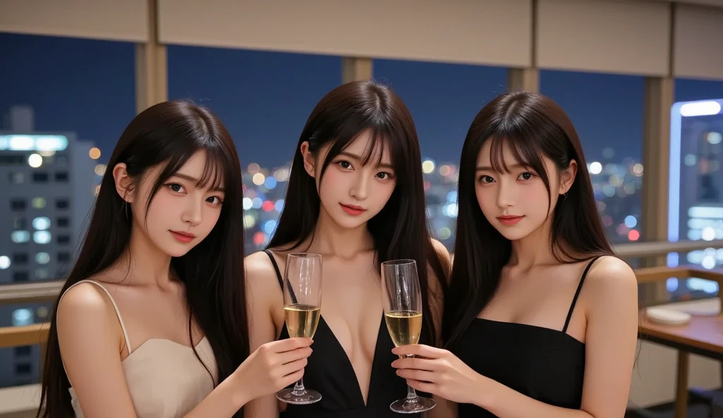 Best-quality, Masterpiece, Ultra-High-Resolution, (Photorealistic:1.4), Raw-Photo, Extremely-Details, Perfect-Anatomy,
at midnight, in luxury hotel suite,
3 members of the most famous Japanese girl's idol group, having a lot of fun at drinking party, all 15-years-old, innocent smile, looking away,
(((all very completely drunk))),
all detailed cute faces, all detailed extremely big black solid circle eyes, all detailed extremely beautiful colorful-haired, all detailed extremely beautiful white skins, all detailed extremely beautiful bodies, all detailed extremely beautiful breasts, detailed beautiful cleavage, detailed lots of alcohol