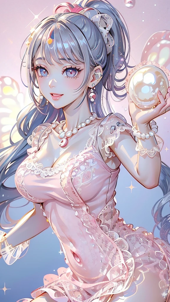 masterpiece, best quality, photorealistic, solo, perfect slim fit body, thick thighs, huge breasts, braided wavy hair, hair ornaments, necklace, bracelets, abstract, artistic, alien themed scenery, green, purple, yellow, elaborate details, dynamic action pose, vibrant, contrast