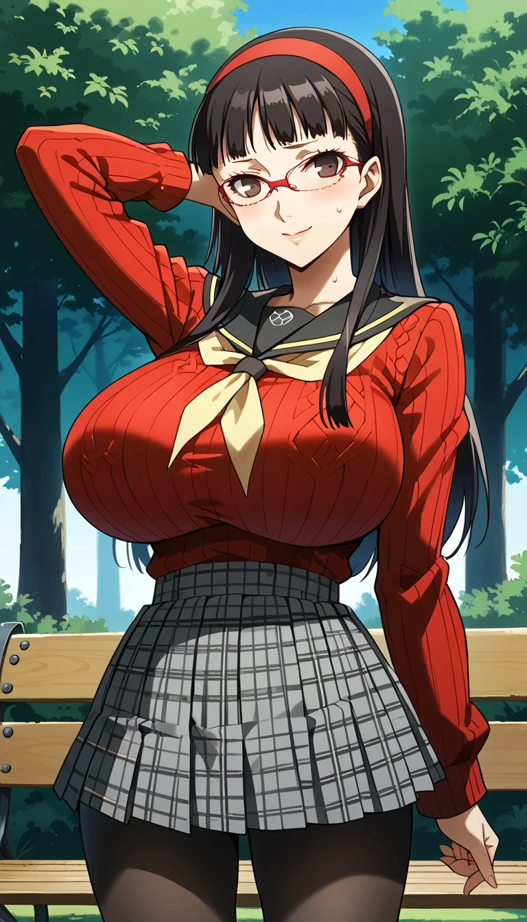 score_9, score_8_up, source_anime 1 girl, solo, cute face, p4yukiko, amagi yukiko, long hair, black hair, bangs, hairband, glasses, red-framed eyewear p4yukiko-winuni, yasogami school uniform, school uniform, sweater, red sweater, skirt, pleated skirt, houndstooth, pantyhose, black pantyhose, standing, looking at viewer, smile, cowboy shot, masterpiece, best quality, ultra detailed,gigantic breasts,underboobs,bursting breasts outdoors, park, bench,shy smile, looking at viewer, masterpiece, best quality, ultra detailed,gigantic breasts,sweat,embarrassed, blush,((hand behind head 1.5)),extreme view from below