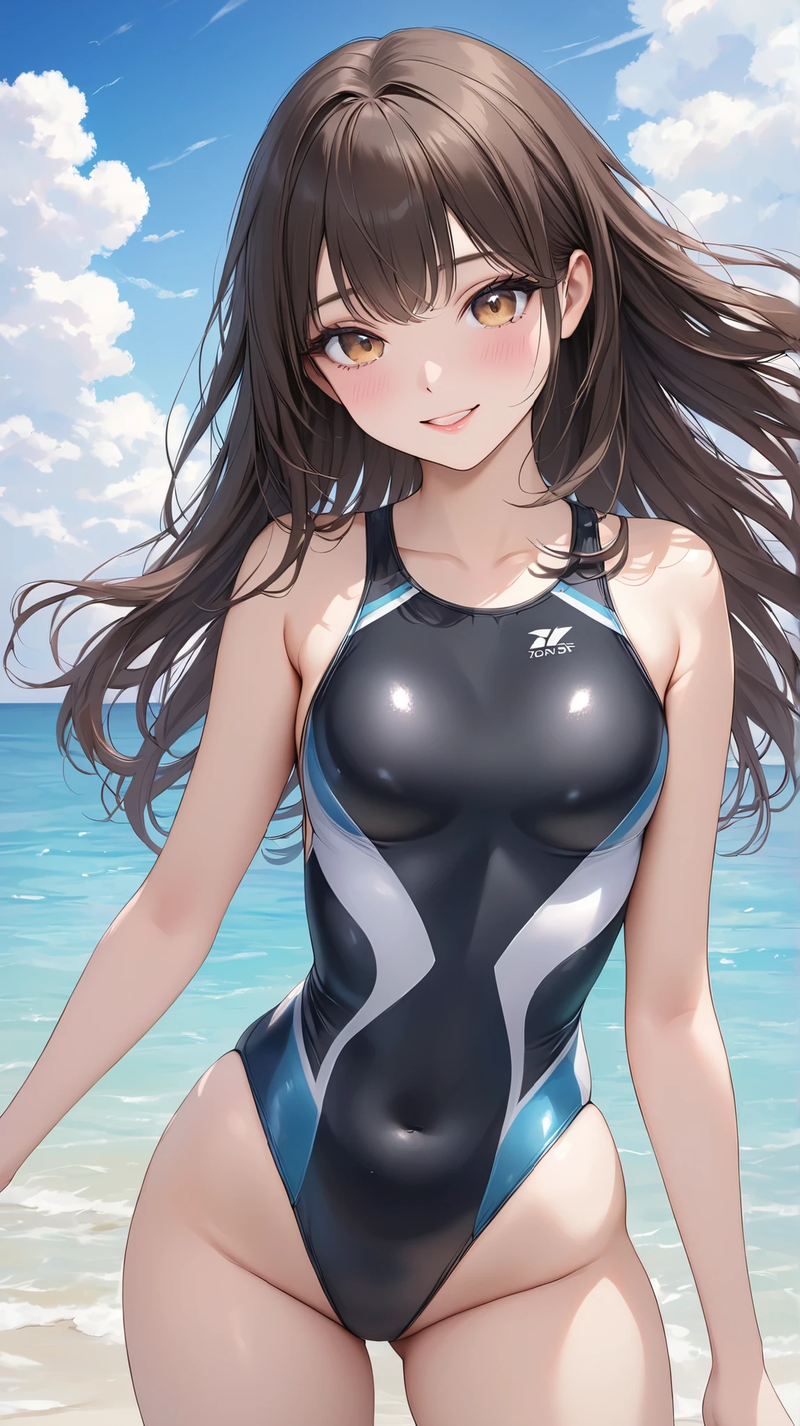 ((unity 16k wallpaper, masterpiece, best quality, ultra-detailed, extremely detailed CG, caustics, cinematic lighting, detailed, beautiful detailed eyes)), ultra high resolution, fine skin, (cute: 1.2), ( 15 year old girl), (old school swimsuit: 1.6)), (starry sky, seaside at night: 2.0), ((writing in background)), above shoulders: 1.6, competitive swimsuit