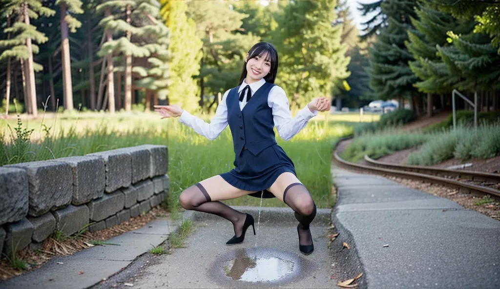 A female teacher pees while taking a group photo with her students、Urinary incontinence、peeing herself、A lot of pee、From below、White Suit、White Mini Skirt、High heels、Perfect figure、Extremely beautiful、In front of the school gate、Standing upright and peeing、Steam rising from the pee、Embarrassed、surrounded by a large number of students
