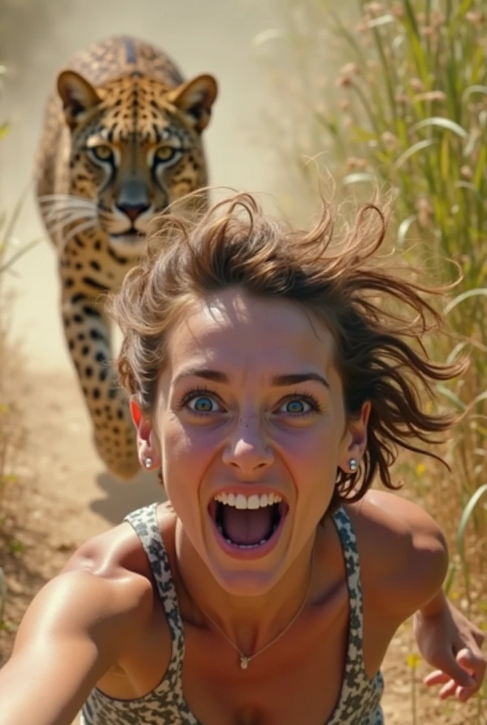 Selfie, fisheye lens, photorealistic girl traveller screaming and running. Love it: in the background, angry lion, jungle, visual perception, Megapixel, ProPhoto RGB, AR, ray tracing, global illumination, Blobby, noise reduction, GLSL shaders, post-processing, tone mapping