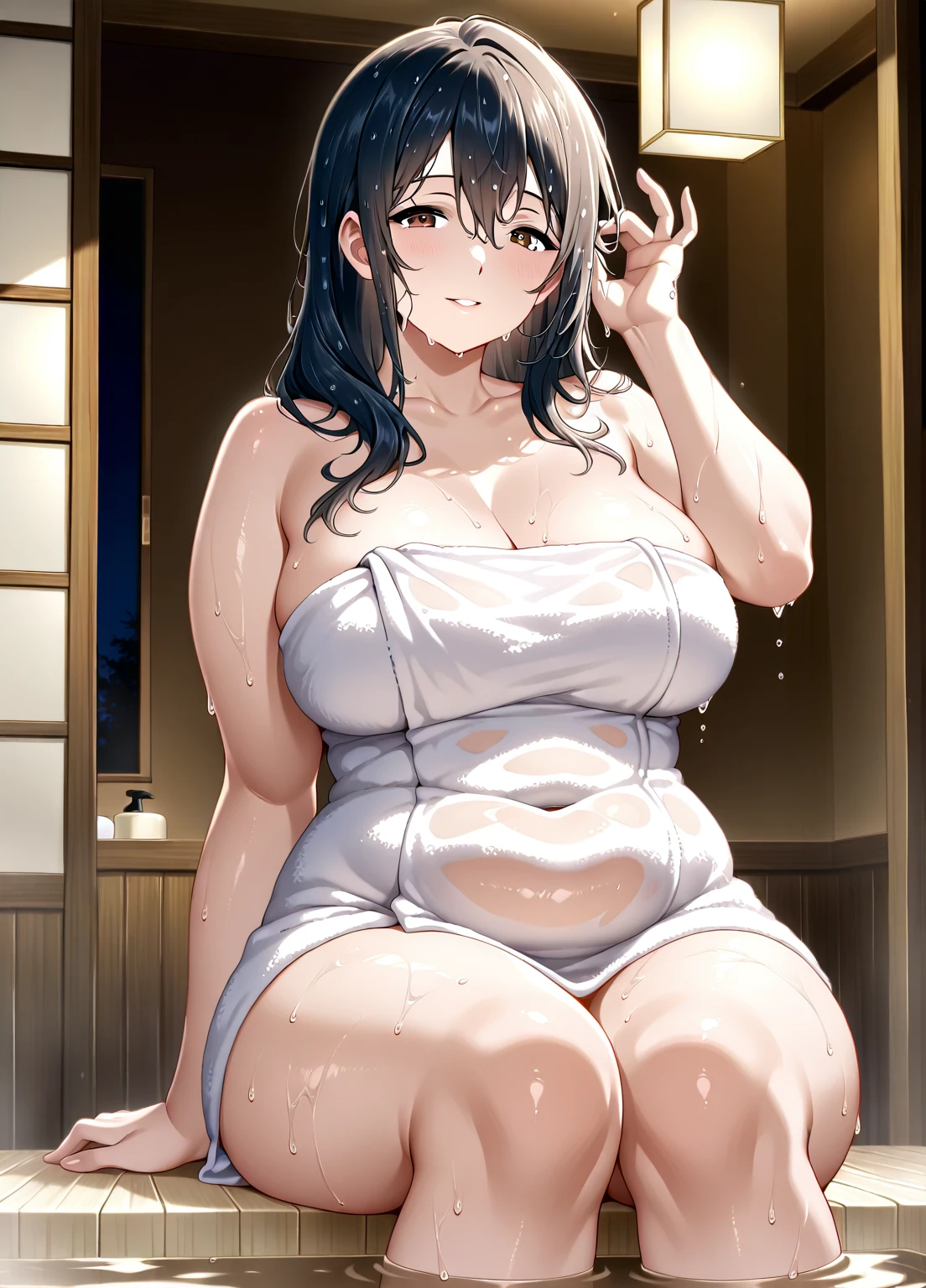 slightly chubby, , wrapped in towel, giant areolging breasts aparing pussy, sitting on tnch between men, at sauna