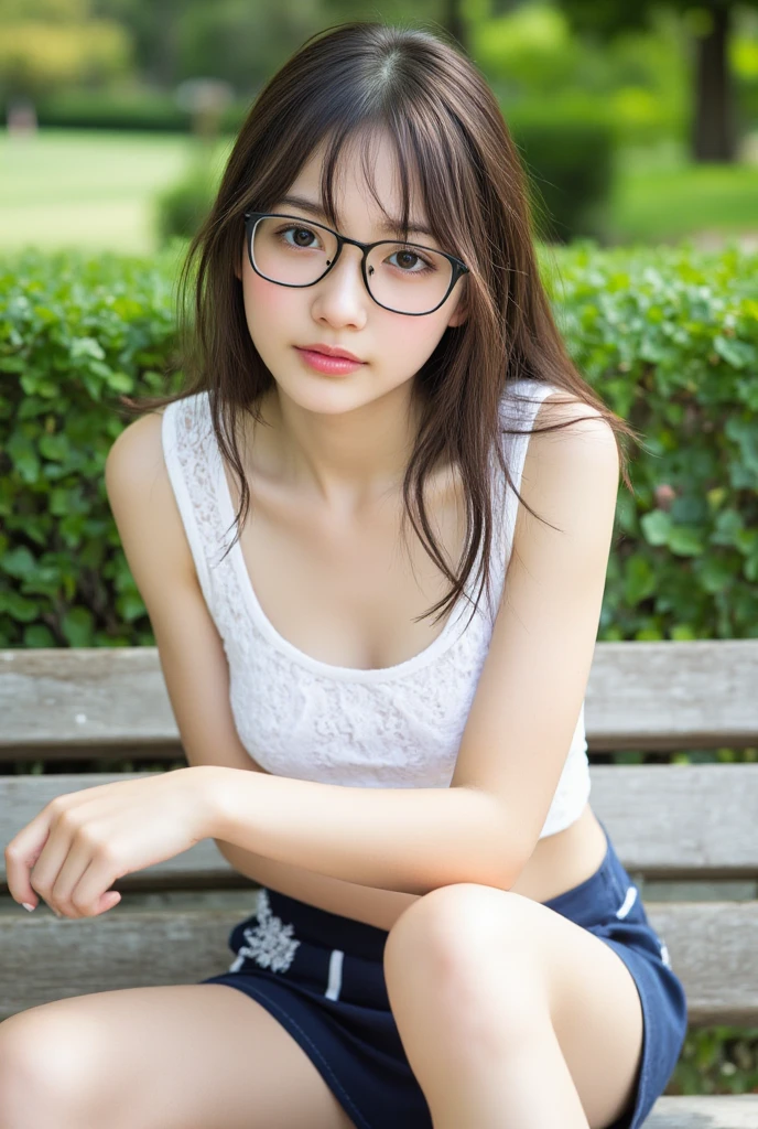 ((best quality)), ((masterpiece)), (detailed), 
17 yeas old girl, extremely beauty, very cute and charming,,white skin, bright blue eyes, short body, finest detail face, slim waist, small face, long black hair showing an ear, bang hair , big breats,  big and tight ass, small lips, pink lips, use nature makeup, wearing  Summer Strappy Tank Tops Sexy Sleevless Camisoles Club Tube Casual  and white underwear and no pants, wearing big rounded glasses, baseball hat, look at camera, caught in the rain , clothes and skin  wet, i can see her cleavage and nipples, Sitting on leg pose,  seductive expression, full body, vivid and sharp color , put hand pilled up, 
street view , evening, sunset

