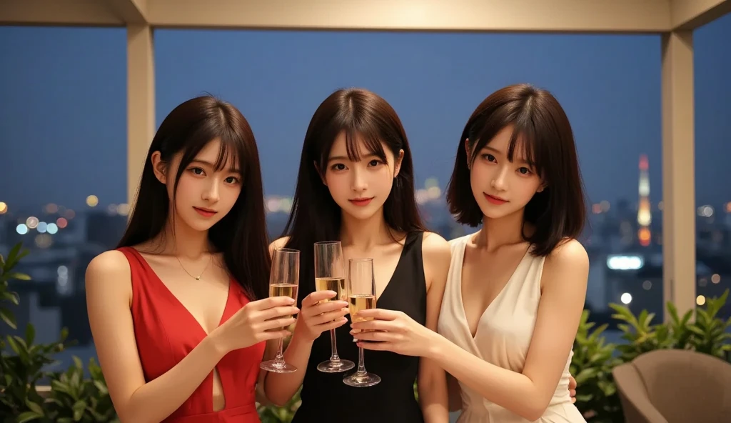 Beautiful woman, adult woman, 22 year old woman, 4 women, each with a different face, 4k masterpiece, best quality, (highly detailed CG unity 8k wallpaper), (best quality), (best illustration), (best shadow), absurd, realistic lighting, (abyss), beautiful glow, art: PeterMohrBacher, location: high class club, holding champagne glass