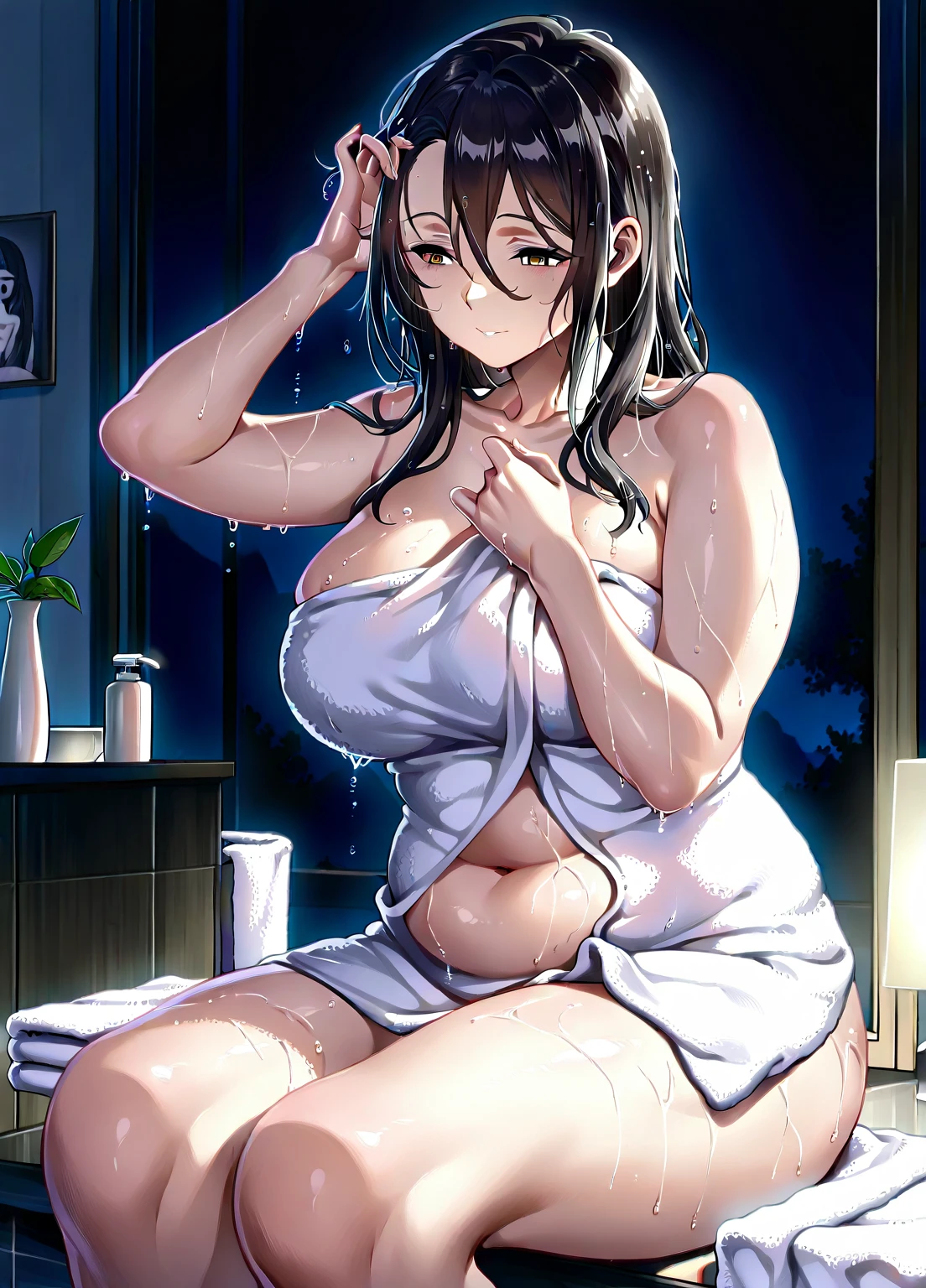 (high resolution, The pixels are perfect, luxurious illustration), (hyper qualit, Masterpiece, Ethereal: 1.4),(Solo:1.4),Let her be naked,A woman,Realistis, ((No bra)),(((nacked hip))),wetted skin, the wallpaper,full bodyesbian,Carmelto,siting In the shower,against a wall,((Spread legs)),spilled milk,There is milk at the corner of the mouth,(((There is only a soaked towel around the waist))),Towel on the chest,Carmelto,a mature female,Black areola,female public hair,Armpit hairy,(((A MILF: 1.4))), (Curvy:1.35),((((Dark skin)))),long whitr hair,Curvy physique, Fitness model, Thick body,((Sexual suggestiveness)),(( stealth ))