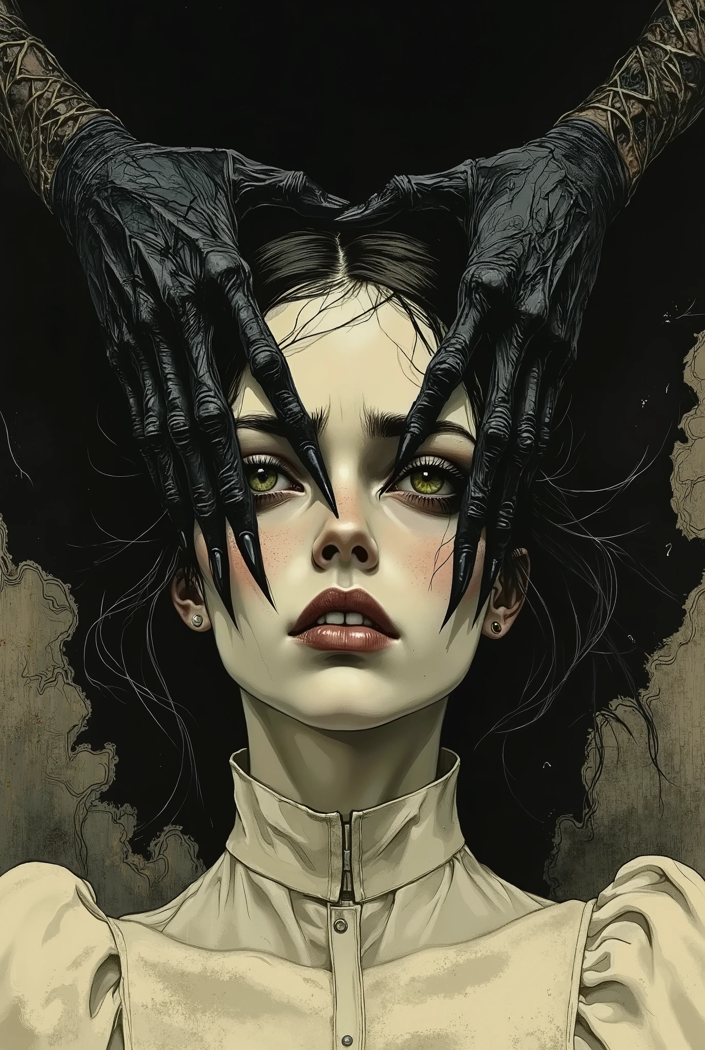 Portrait of a young European girl in close-up, probably 18-25 years old, with a scared and helpless expression on her face. The image is made in a dramatic, almost Gothic style. The upper part of the image is black.The first scary black hand of the monster wraps around the top of the girl's head, merging with the black hair and background. The lower half of the image is made in light beige tones. The girl's light cream blouse with a high blind collar, possibly lace, merges with a light background. The second scary black hand of the monster covers the lower part of the girl's face from behind her back. The sharp black nails contrast with the soft tones of her clothes. Her makeup uses rich dark eye shadows, pronounced eyeliner and dark eyebrows, which gives her a mysterious charm in a kawaii style. Her eyes are a striking greenish-yellow shade, conveying both tension and vulnerability. She has long black hair, slightly curly, framing her face. The monster's two hands, scary and hairy, with sharp, spectacular nails, are carefully crafted. The texture of the hands resembles a dark, almost moist substance. The overall color palette is muted and spectacular, with deep grays, blacks, and pale cream tones dominating the image. Muted and effective lighting creates shadows that enhance the emotional intensity and shape of the object. The painting is filled with a subdued, eerie and somewhat haunting atmosphere. The composition was shot in close-up from a small height, which draws attention to the emotional center of the heroine and her hands covering her face. The style is reminiscent of dark fantasy illustrations and oil paintings, emphasizing depth and texture. Stylized digital art. High quality.
