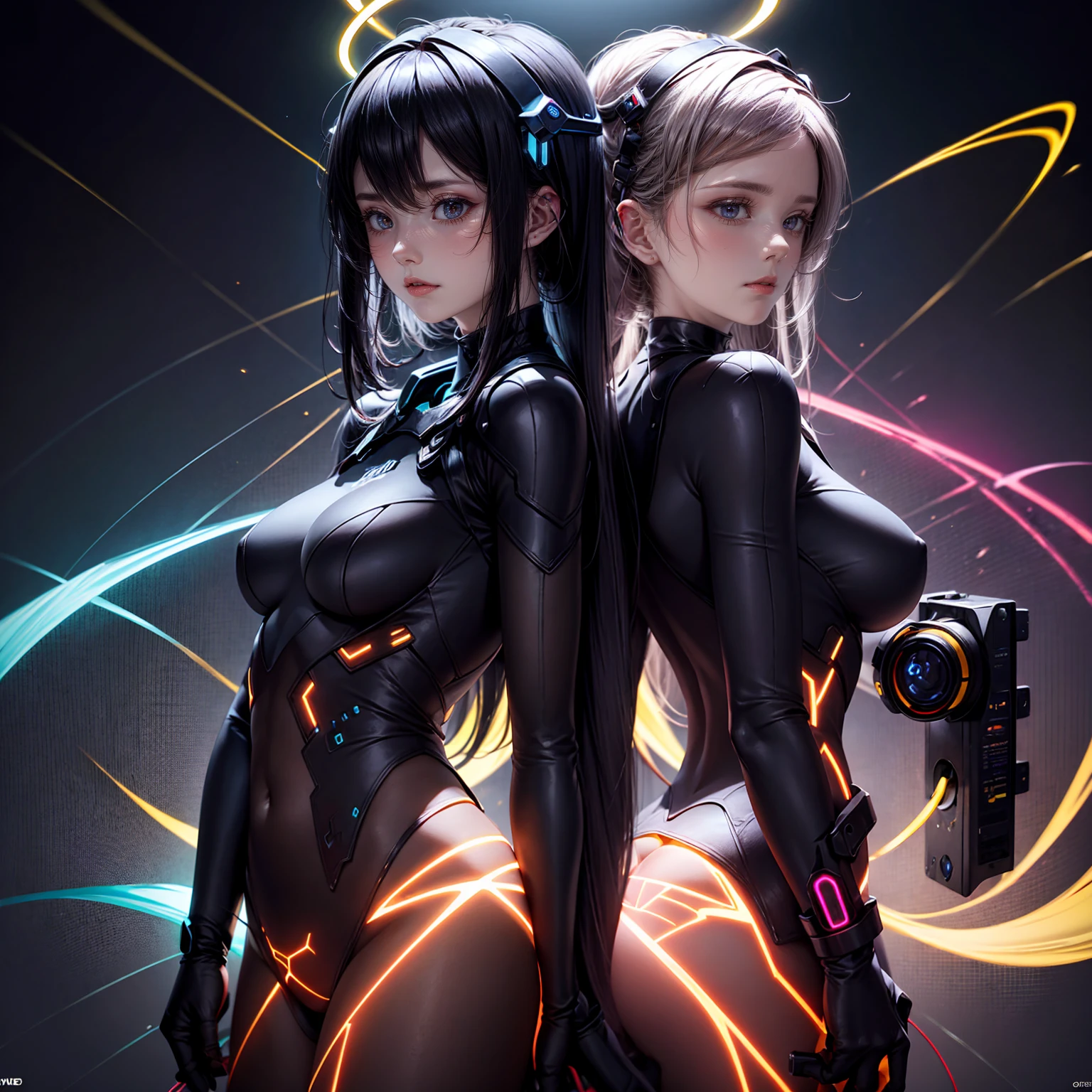 three girls, Cyborgs, face fixed, Blue eyes, smiling, Elven Character, naked, pointy ears, god, Ultra-high detail, long hair, high hairstyle, Female vagina, smiling, freckles, spider tattoo, Gwen Tennyson, tracer, don't be, Rebecca Chambers, ((five fingers on hand))