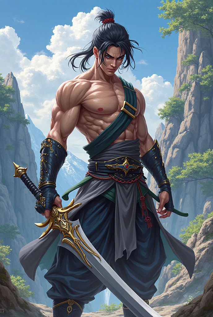 yasuo, league of legends, yasuo_(league_of_legends), 1boy, weapon, male focus, sword, facial hair, solo, beard, sheath, ponytail, brown hair, holding, long hair, holding weapon, armor, brown eyes, outdoors, holding sword, katana, muscular, tree, looking at viewer